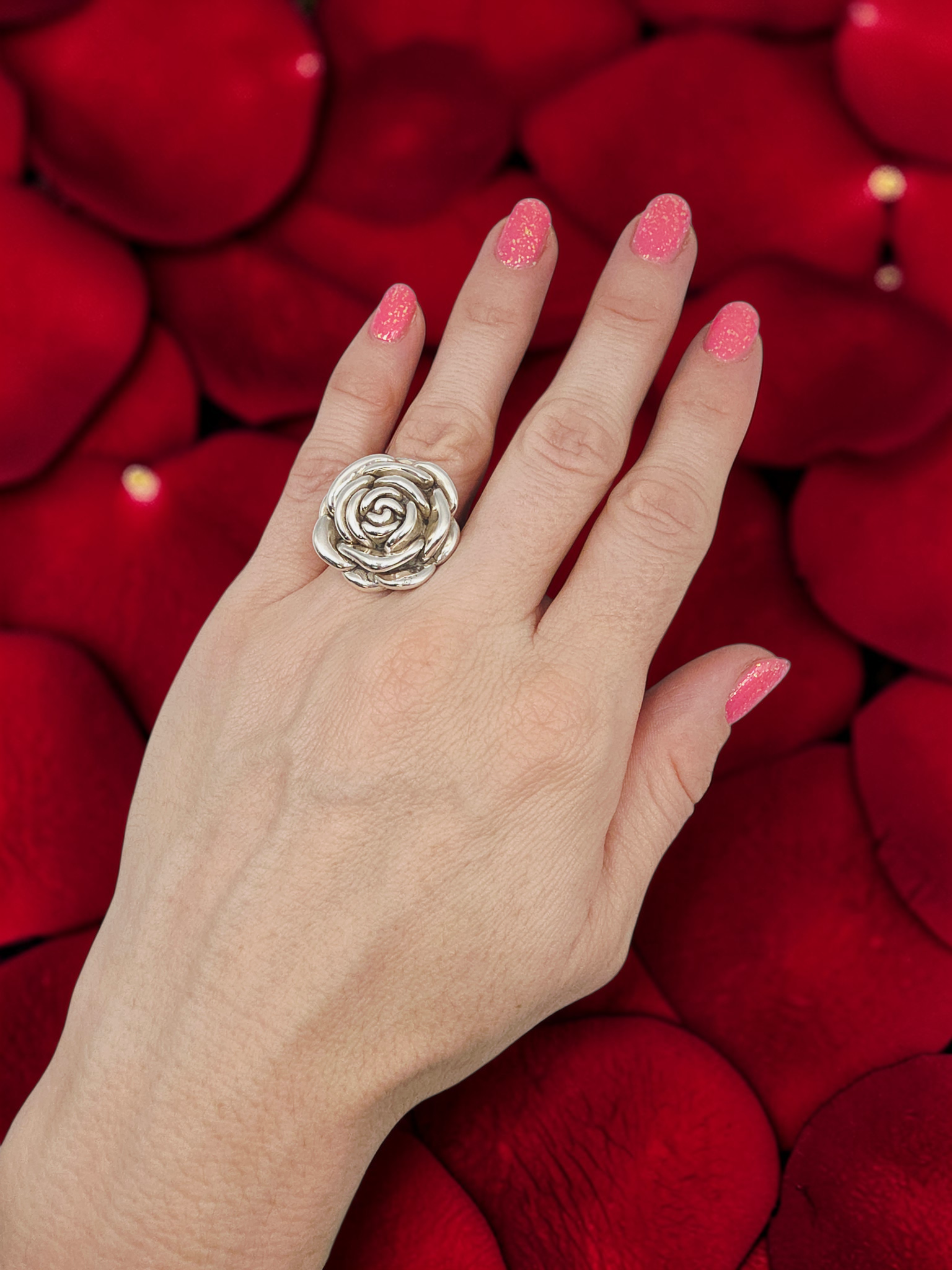 Sterling Silver Rose Flower Statement Ring Botanical Floral – Size 6