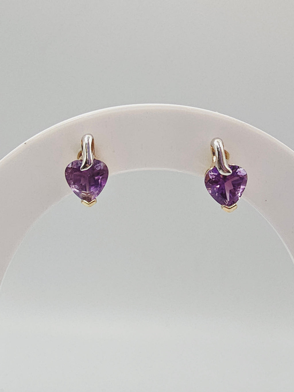 Solid 10 Two-Tone Gold Stud Earrings with Heart-Cut Amethyst