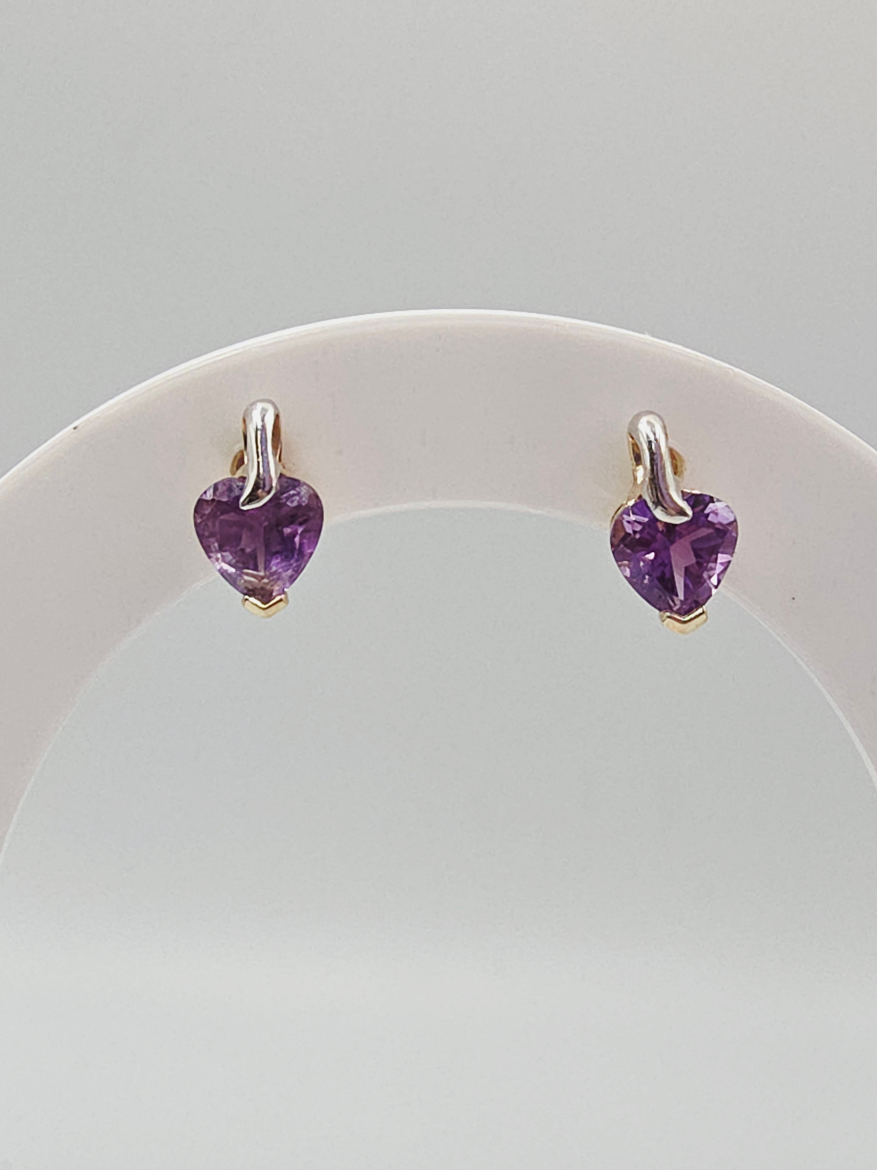Solid 10 Two-Tone Gold Stud Earrings with Heart-Cut Amethyst