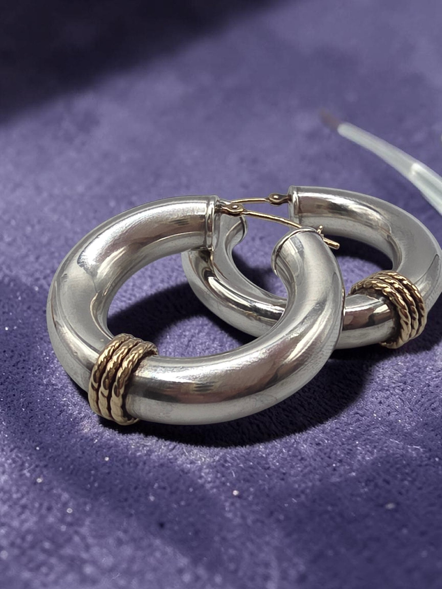 925 Sterling Silver Hoop Earrings with Solid 14K Gold Twisted Rope Accents