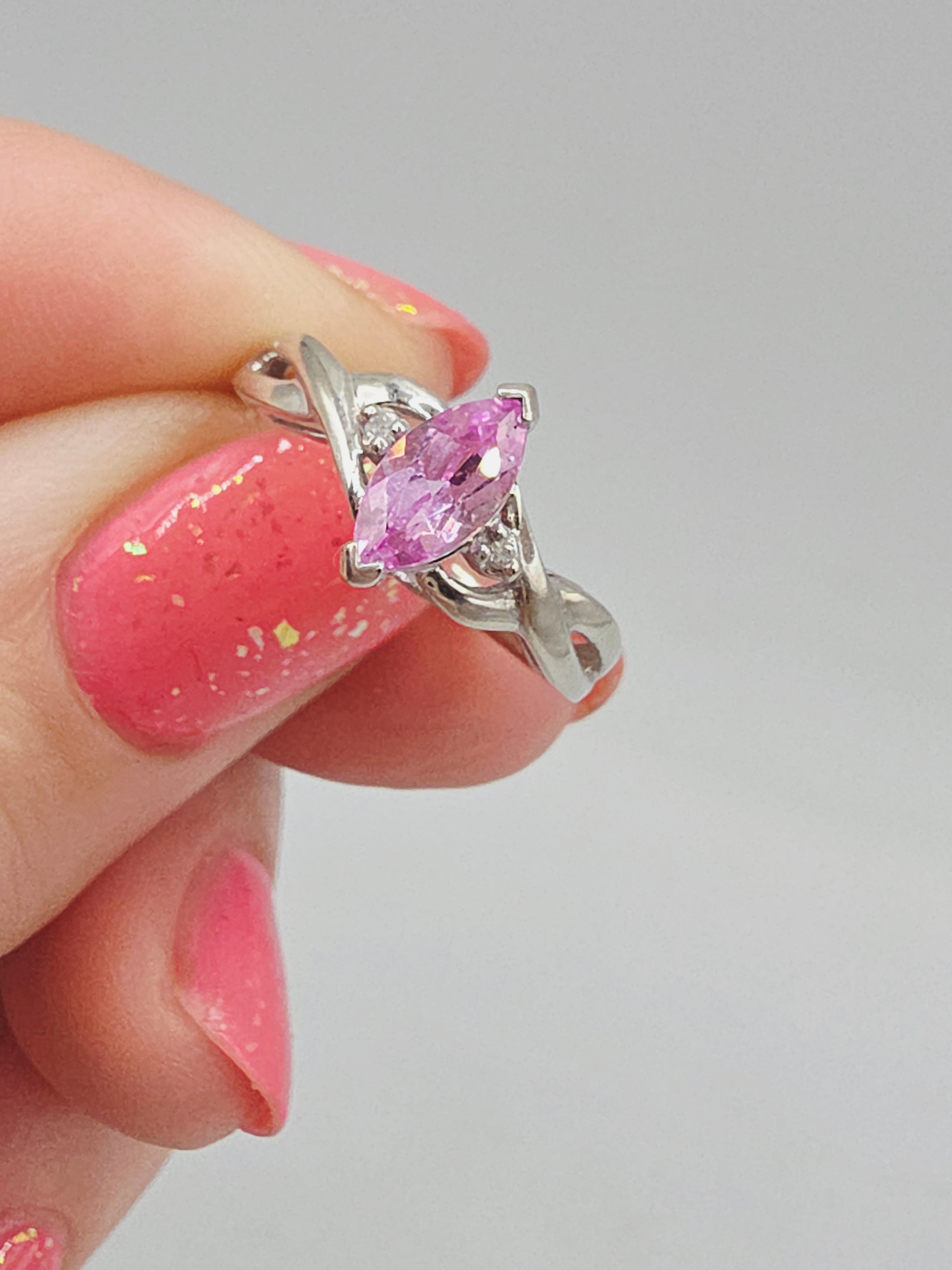 Solid 10K White Gold Ring with Marquise Cut Pink Sapphire - Size 5.75