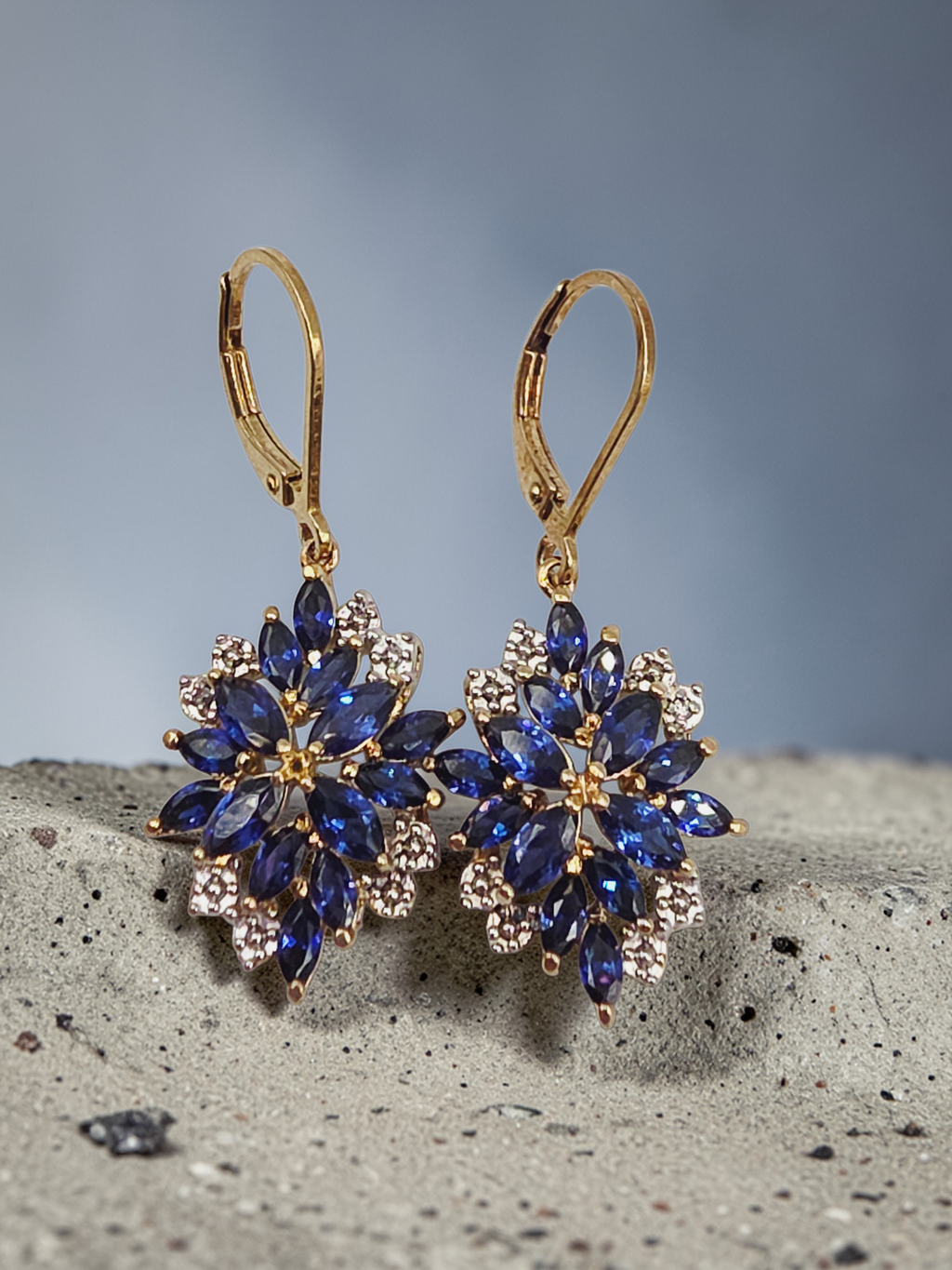 925 Sterling Silver Gold Vermeil Earrings with Blue Sapphire & Diamond Cluster