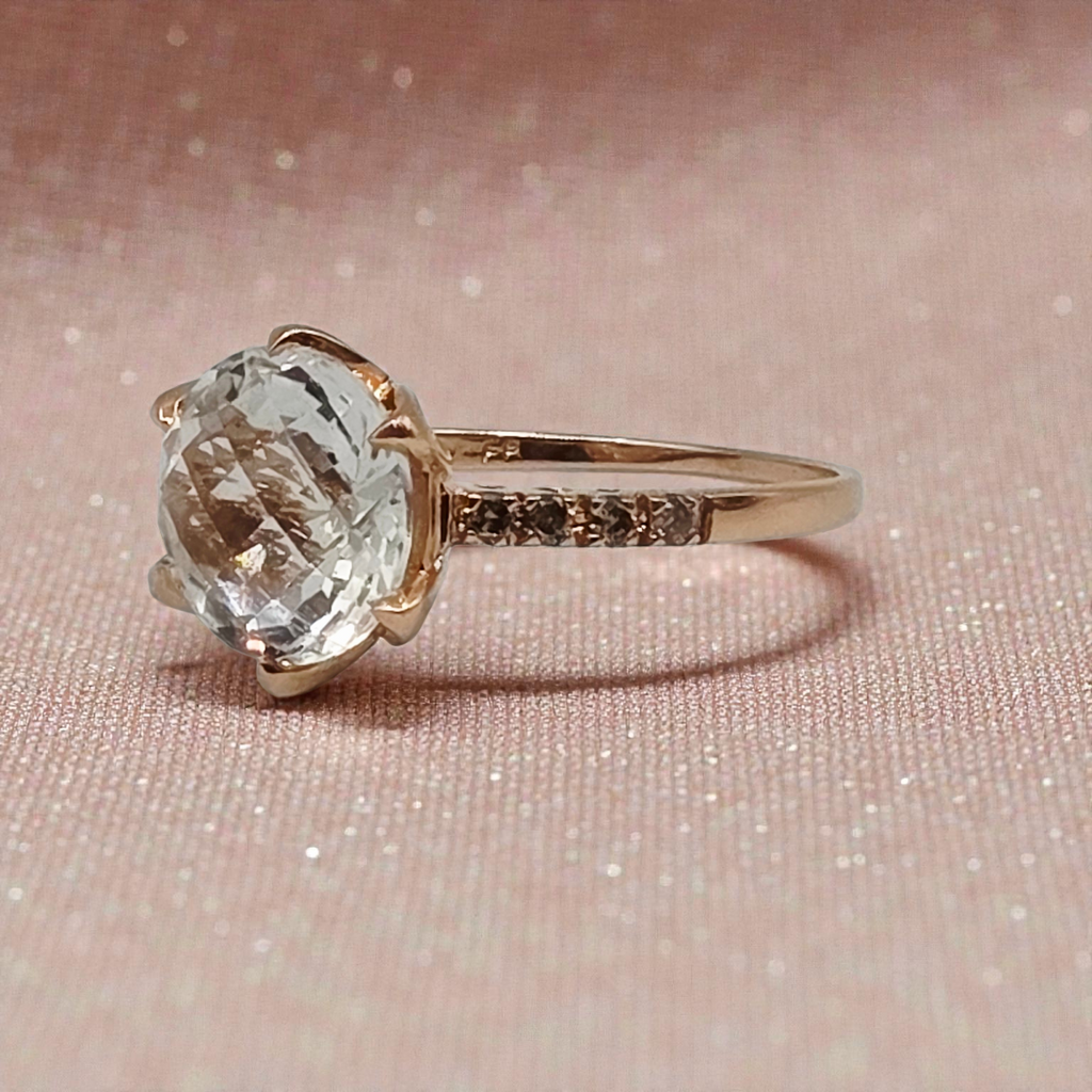 Solid 14K Rose Gold Ring with Lab-Created White Topaz & Diamond Accents - Size 8