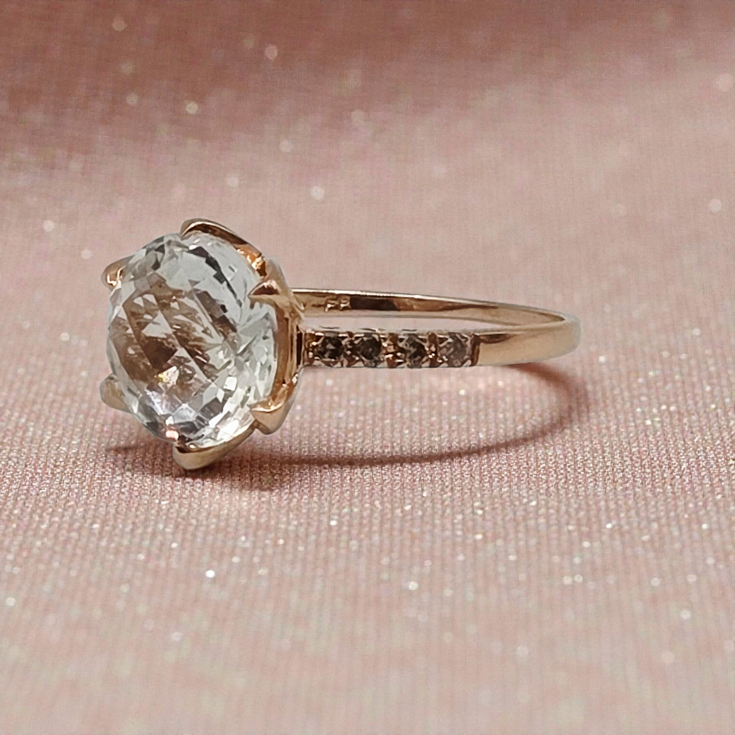 Solid 14K Rose Gold Ring with Lab-Created White Topaz & Diamond Accents - Size 8