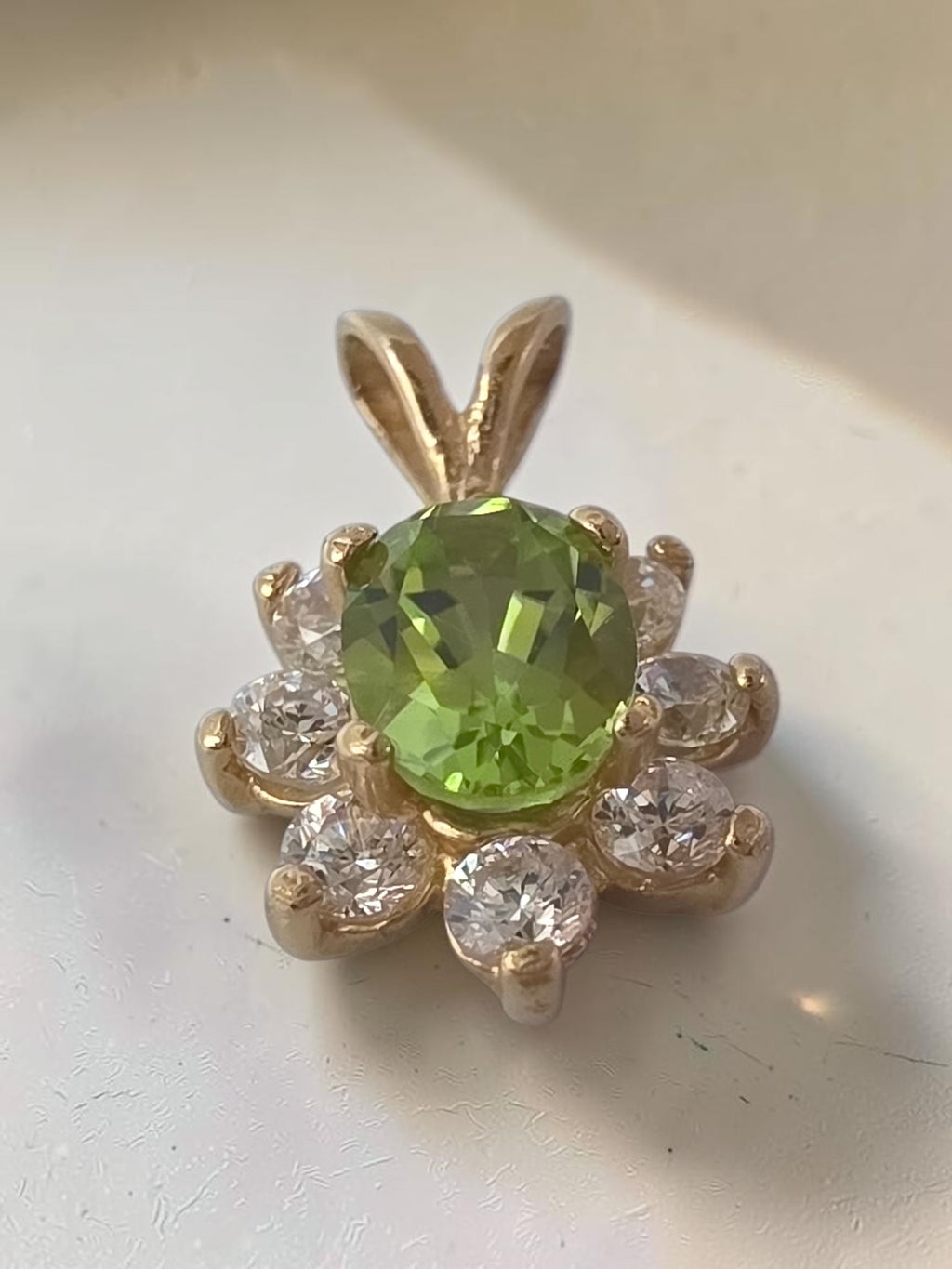 Solid 14K Yellow Gold Oval Peridot Pendant with CZ Halo