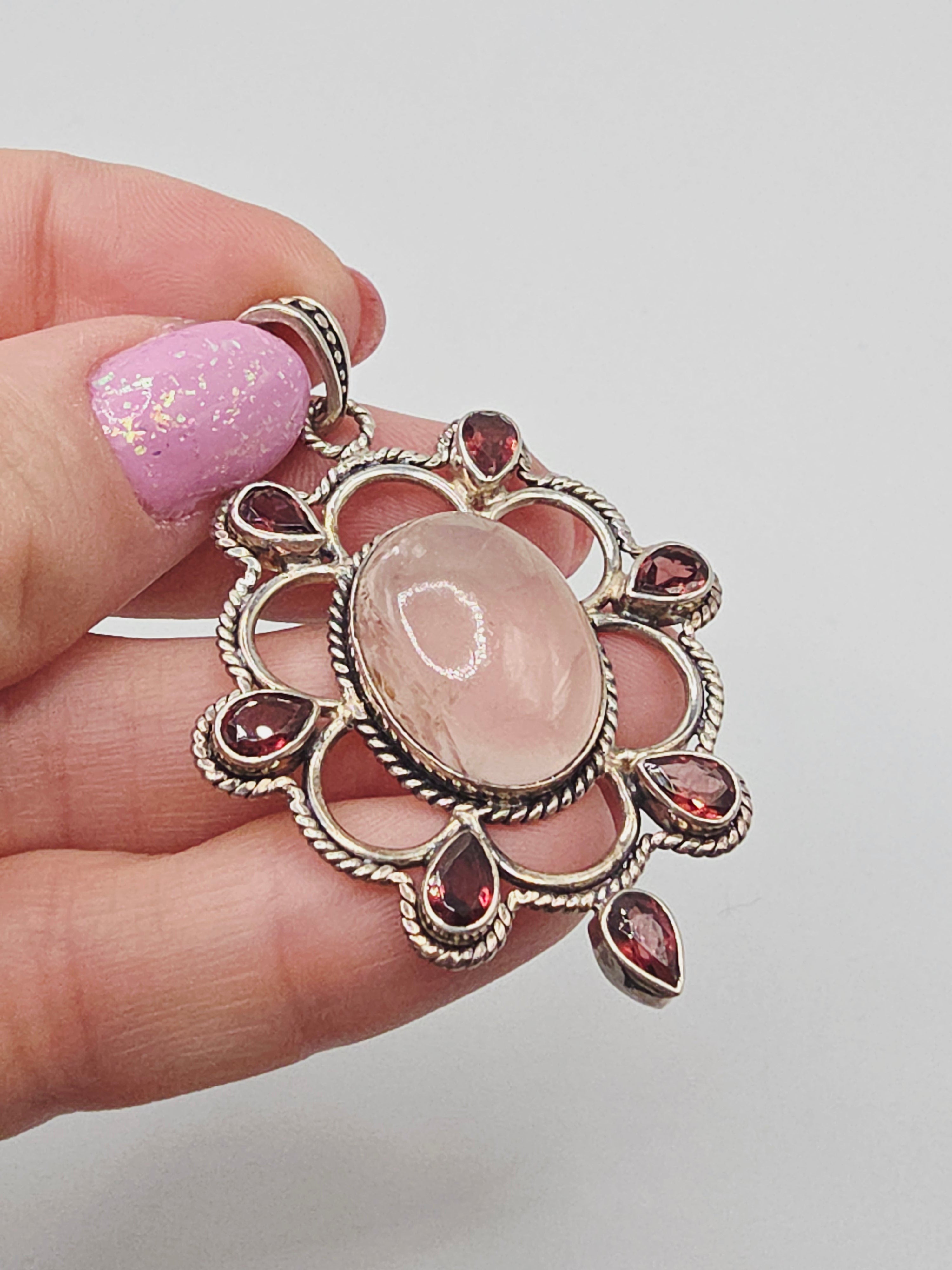 925 Sterling Silver Pendant with Rose Quartz and Rhodolite Garnet Halo