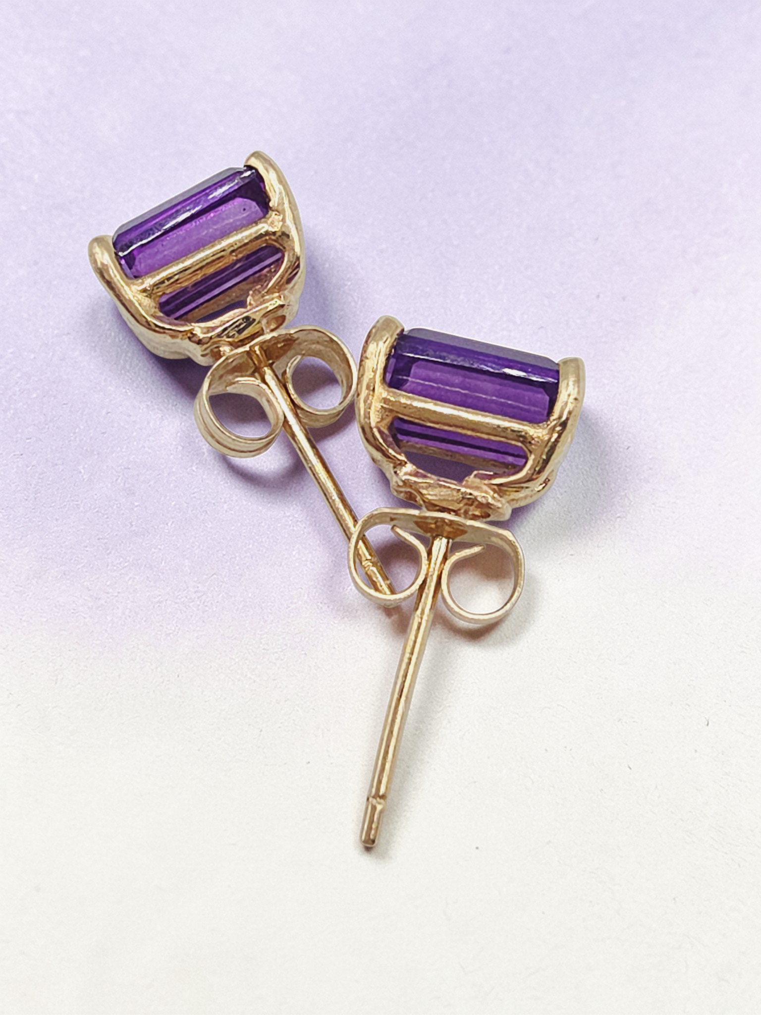 Solid 14K Yellow Gold Emerald Cut Amethyst Stud Earrings