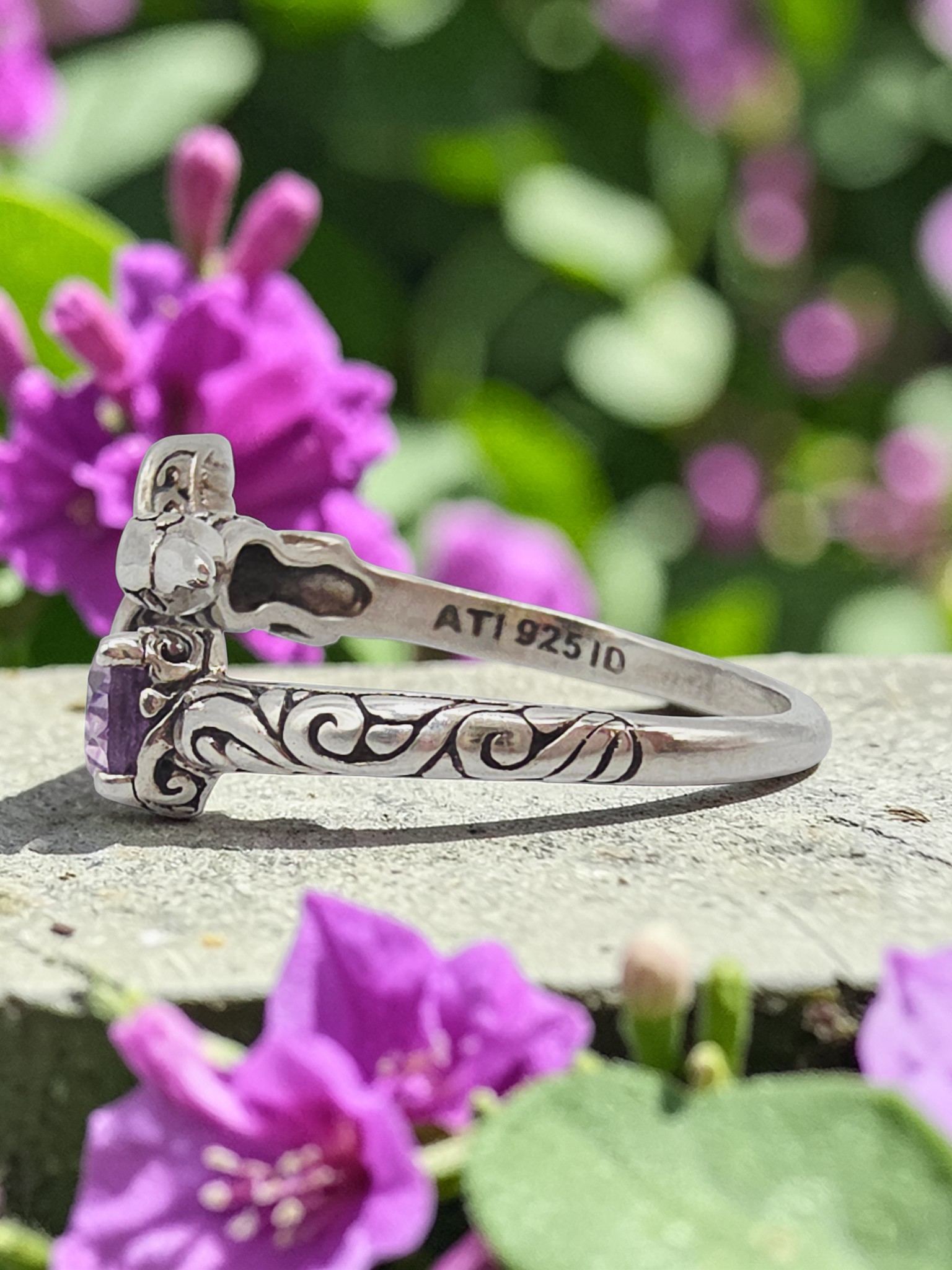 925 Sterling Silver Ring with Pear Cut Amethyst & Hummingbird - Size 8