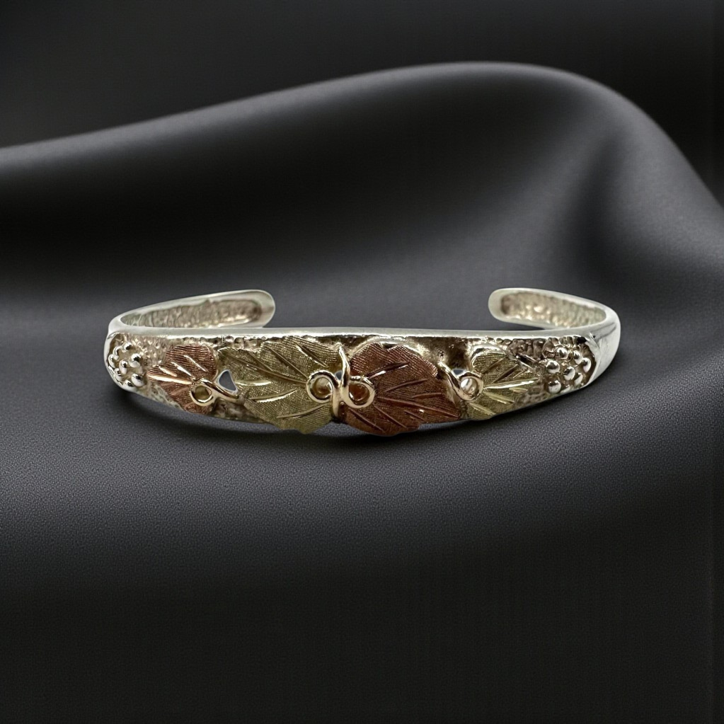 Black Hills Sterling Silver Cuff Bracelet - Solid 10K Gold Leaf Accents 6.75"