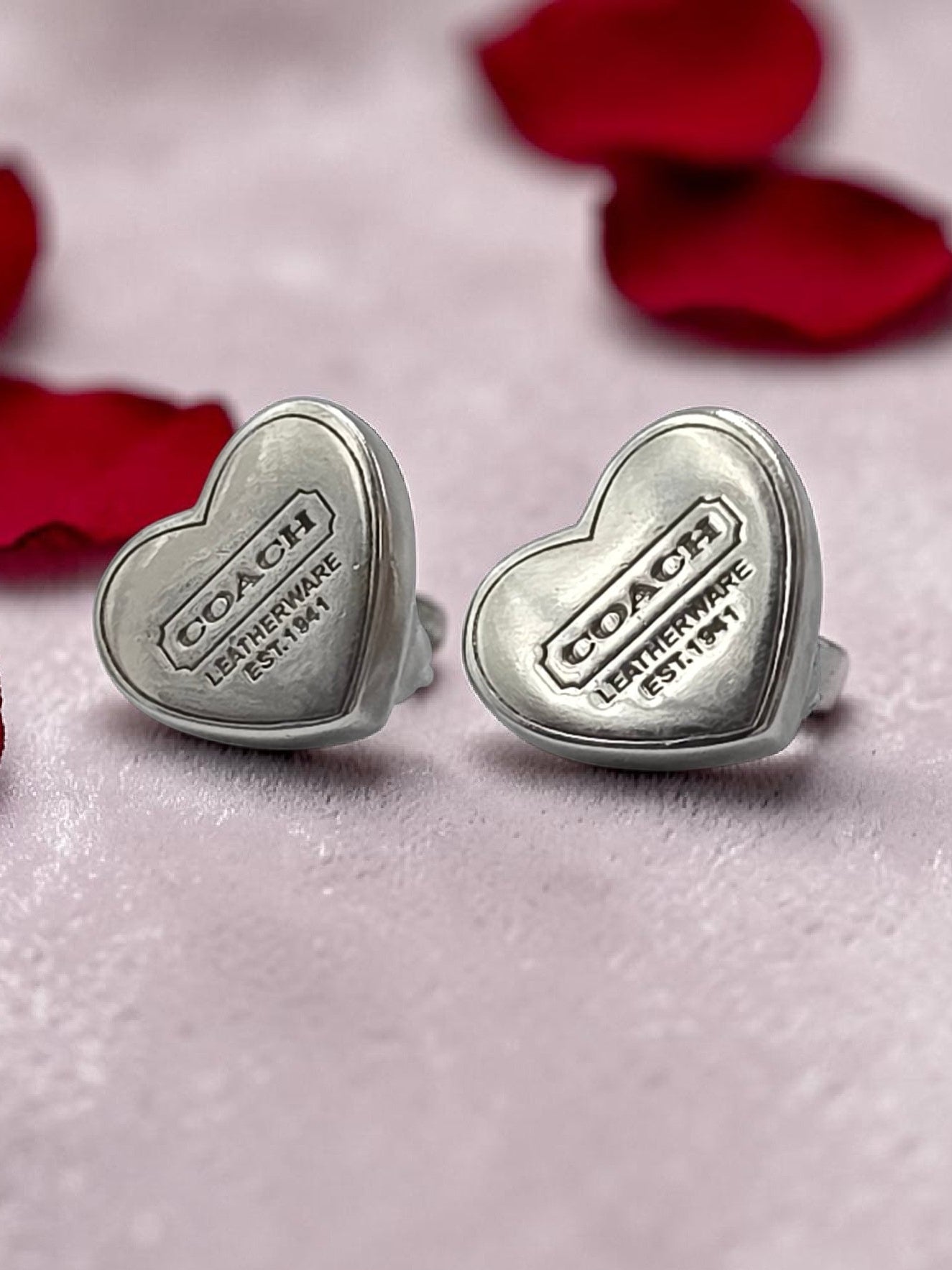 Authentic Rare Vintage Coach Heart Stud Earrings 925 Sterling Silver