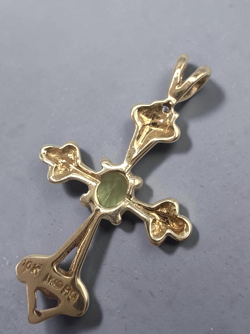 Solid 10K Yellow Gold Oval Peridot Cross Pendant with Diamond Accent
