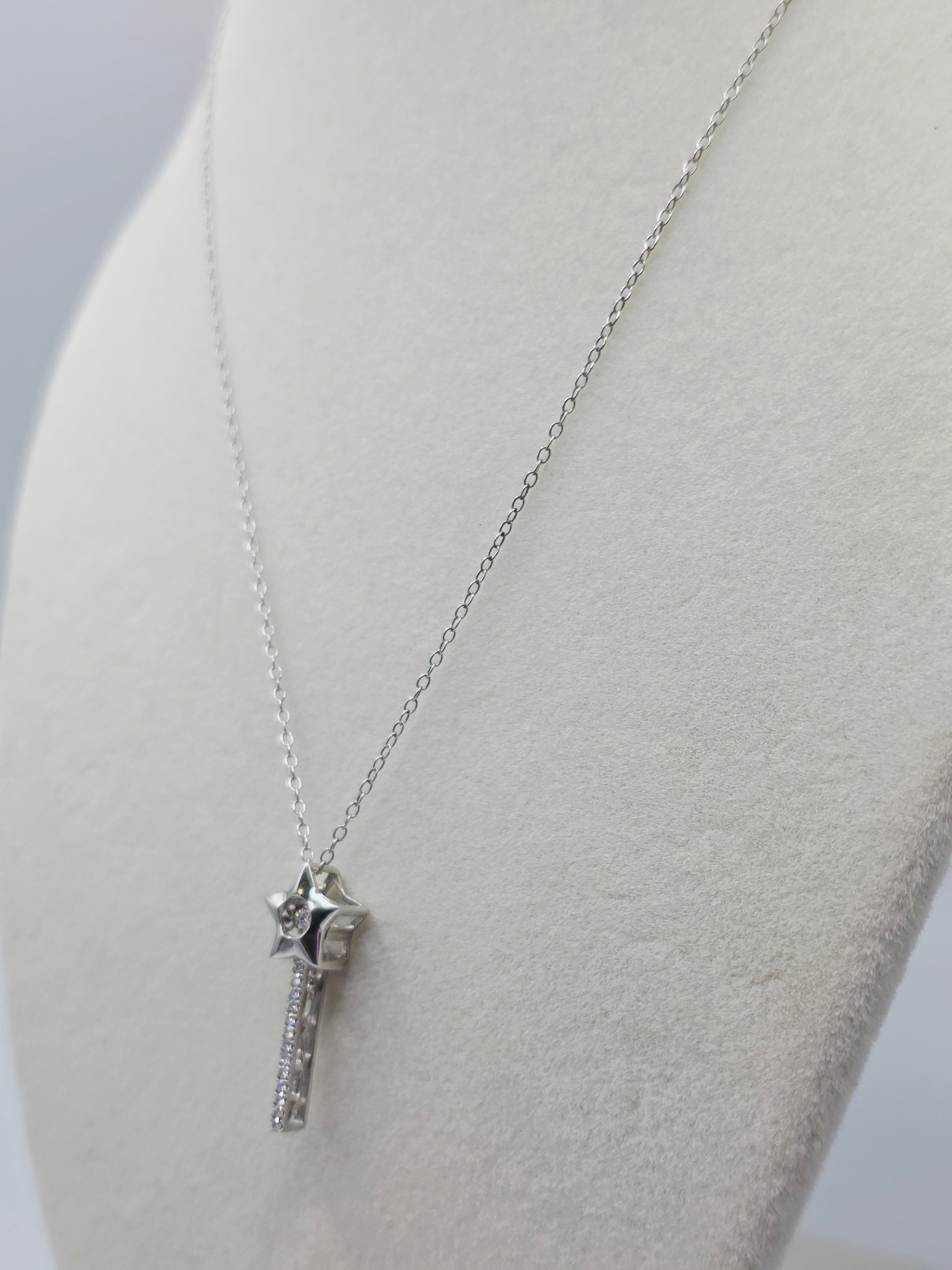 Disney Enchanted Sterling Silver Tinkerbell Wand Diamond Pendant Necklace 18"