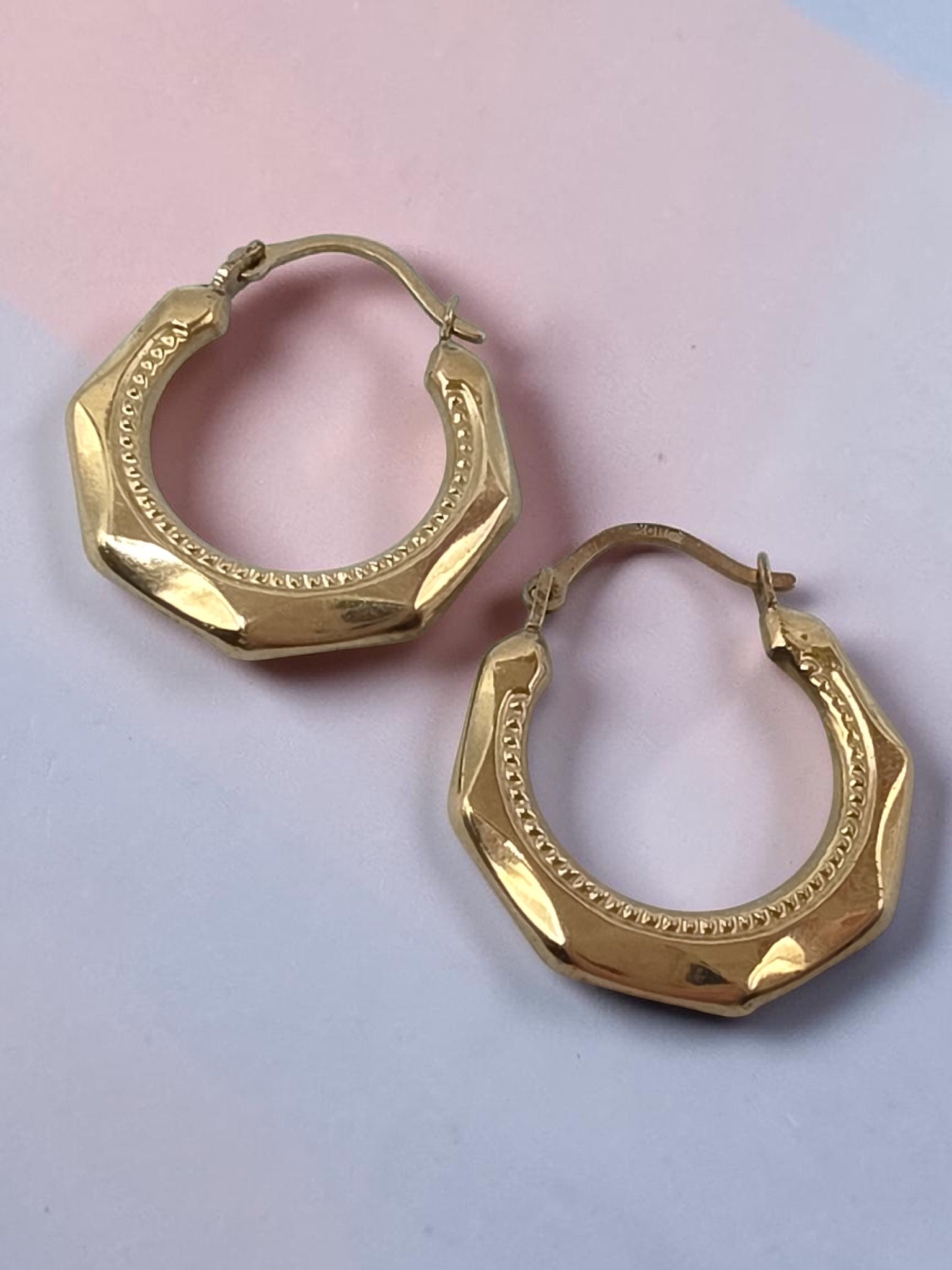 Vintage Solid 10K Yellow Gold Faceted Octagon Creole Hoop Earrings