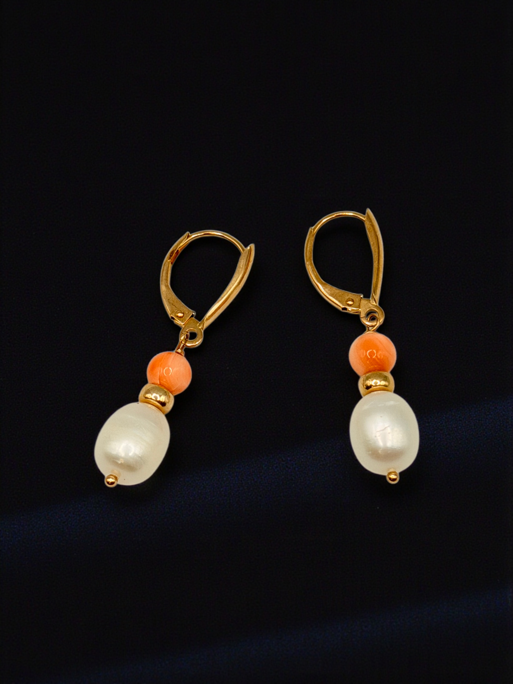 Solid 14K Yellow Gold Dangle Earrings with Coral Beads and Pearls