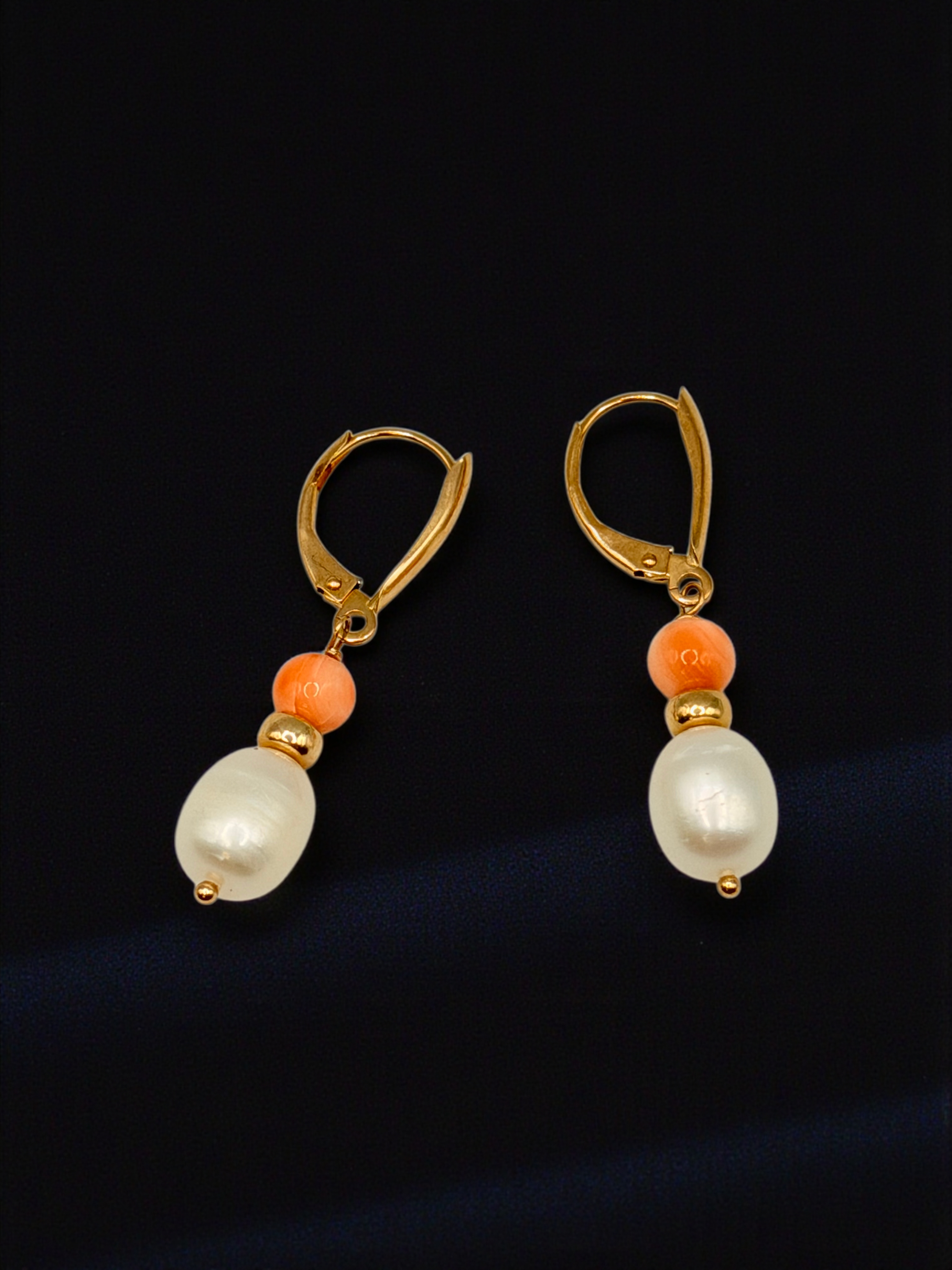 Solid 14K Yellow Gold Dangle Earrings with Coral Beads and Pearls