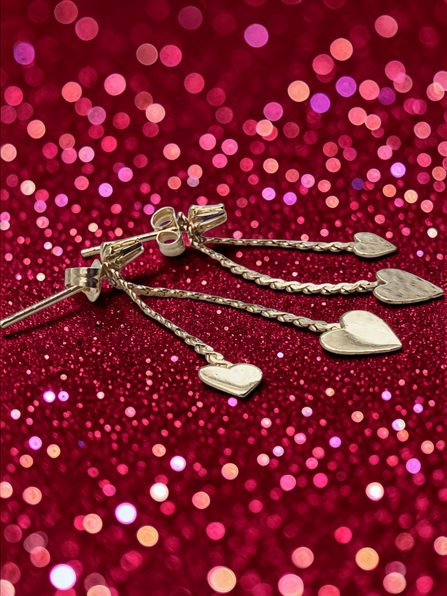 Vintage NABCO Solid 14K Gold Dangle Heart Earrings with White Topaz Accents