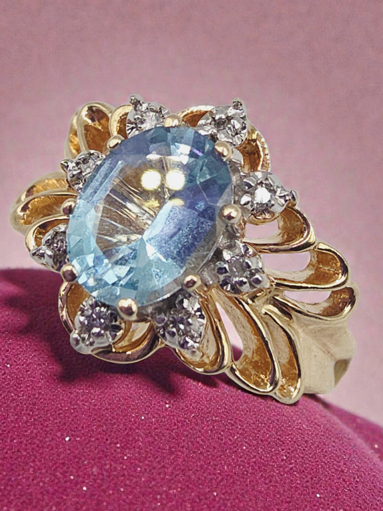 Solid 10K Yellow Gold Ring with Blue Topaz & Diamond Accents - Size 7.75