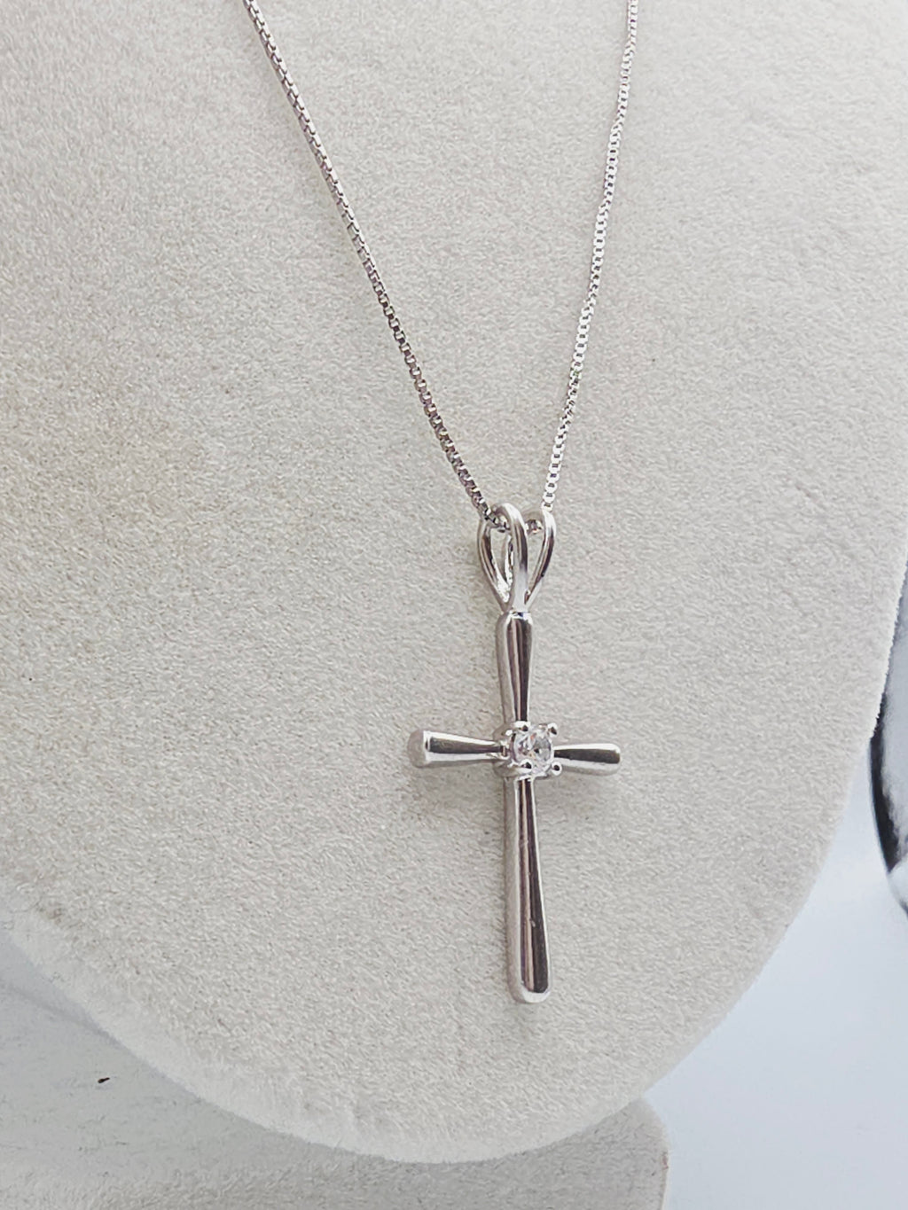 Sterling Silver Cross Pendant Boxchain Necklace with CZ Accent - 20 Inch