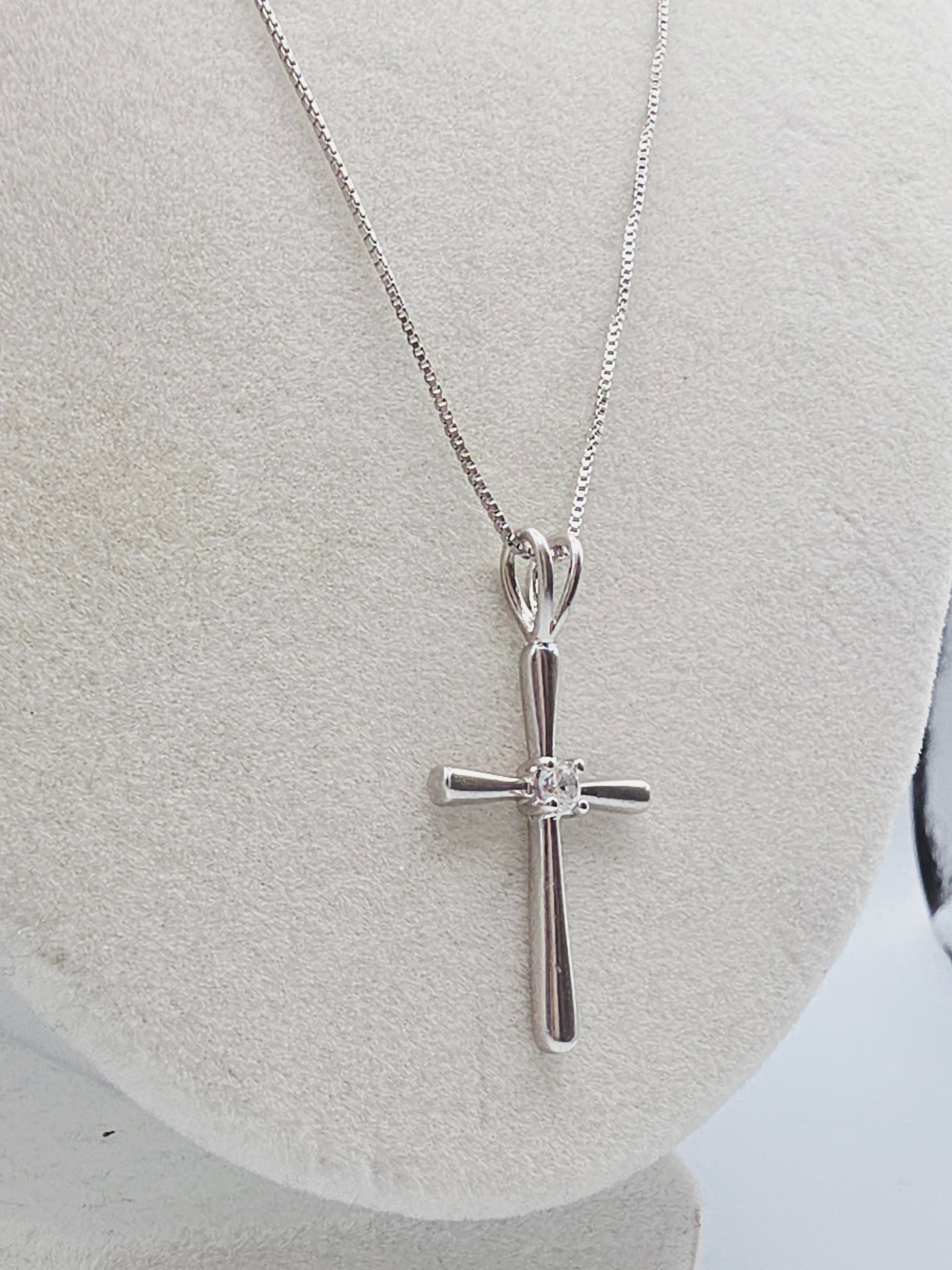Sterling Silver Cross Pendant Boxchain Necklace with CZ Accent - 20 Inch