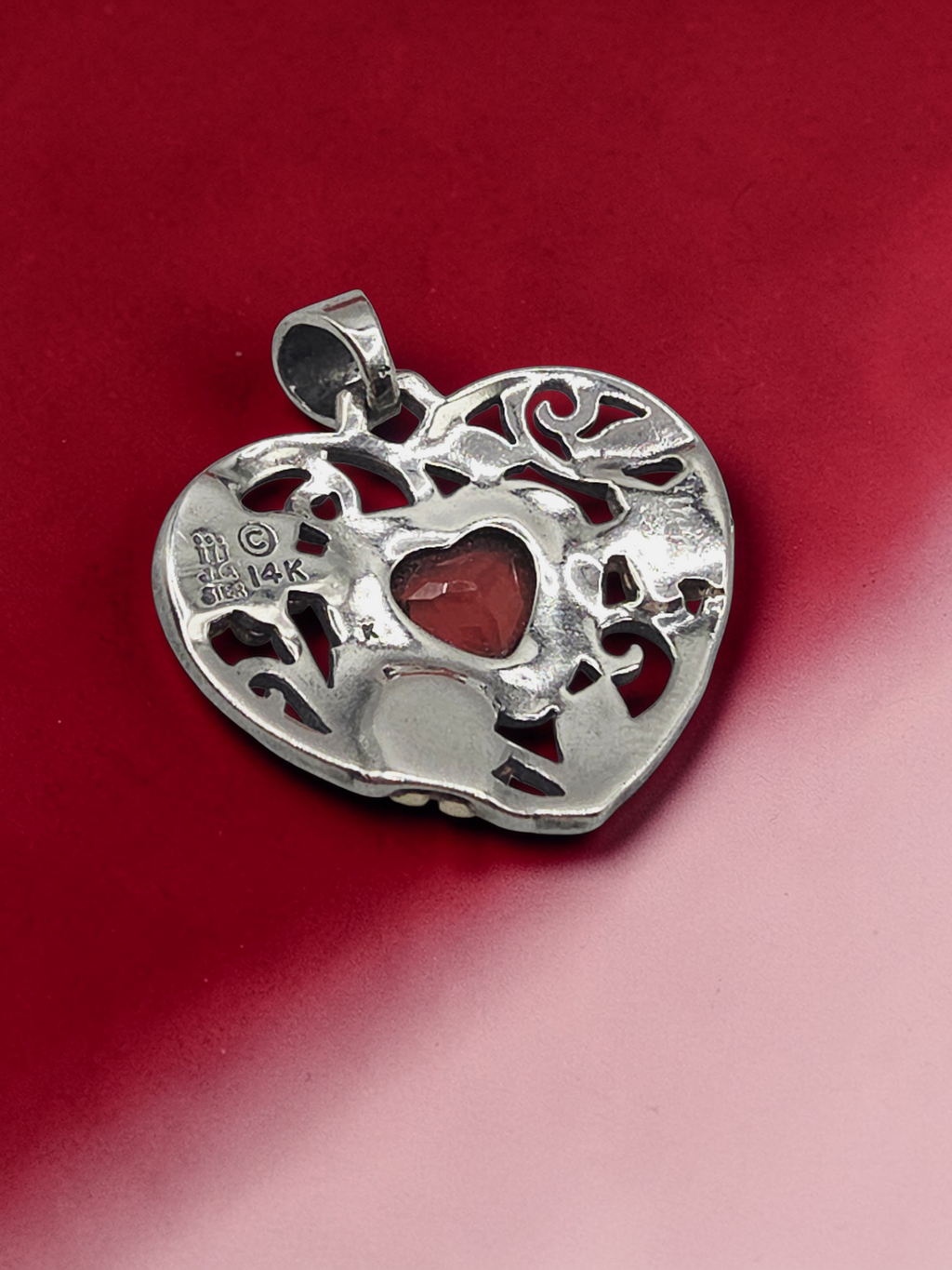 RETIRED James Avery Sterling Silver Garnet Heart Pendant with Solid 14K Flowers