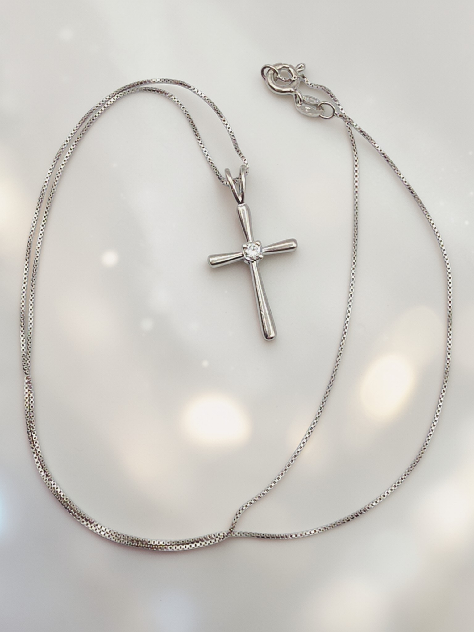 Sterling Silver Cross Pendant Boxchain Necklace with CZ Accent - 20 Inch