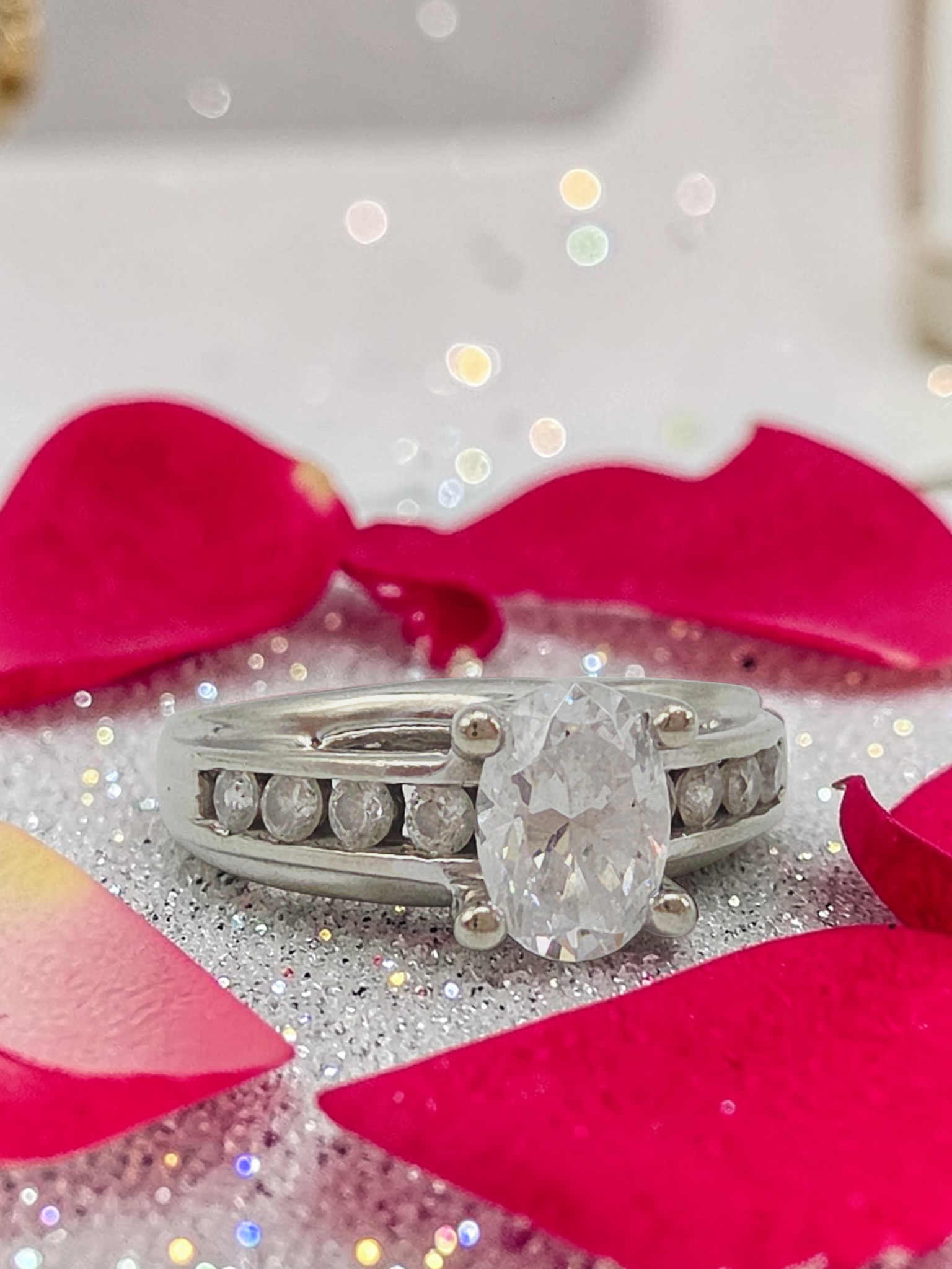 Solid 14K White Gold Oval-Cut CZ Ring with Channel Set Accents – Size 6
