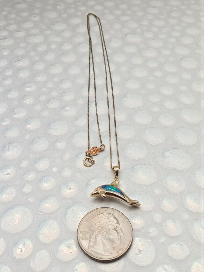 Solid 14K Yellow Gold Necklace with Opal Dolphin Pendant 17 Inches