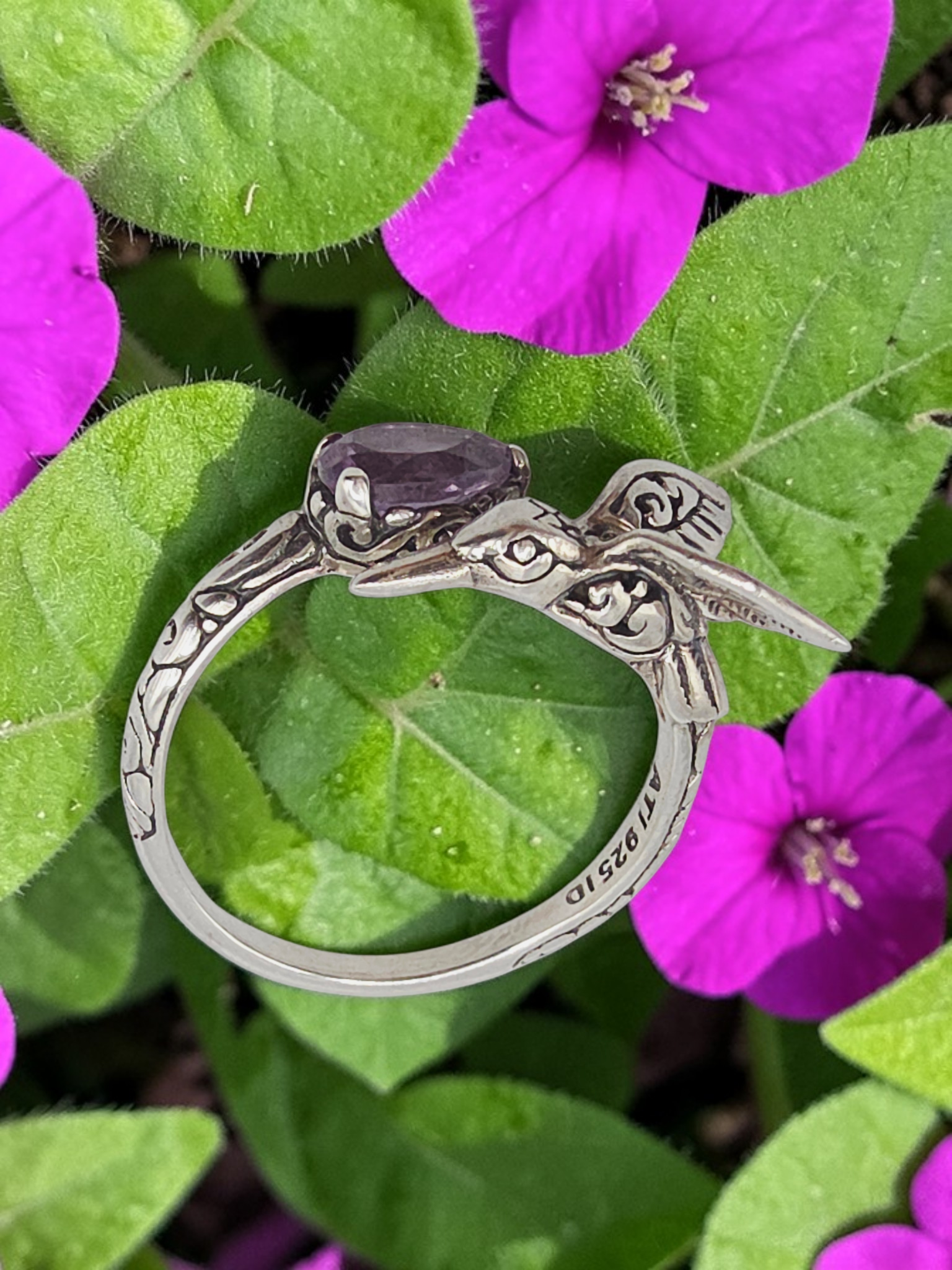 925 Sterling Silver Ring with Pear Cut Amethyst & Hummingbird - Size 8