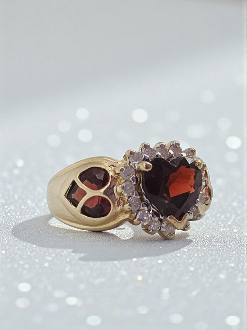 Solid 10K Yellow Gold Ring with Heart Cut Garnet & Diamond Accents - Size 6