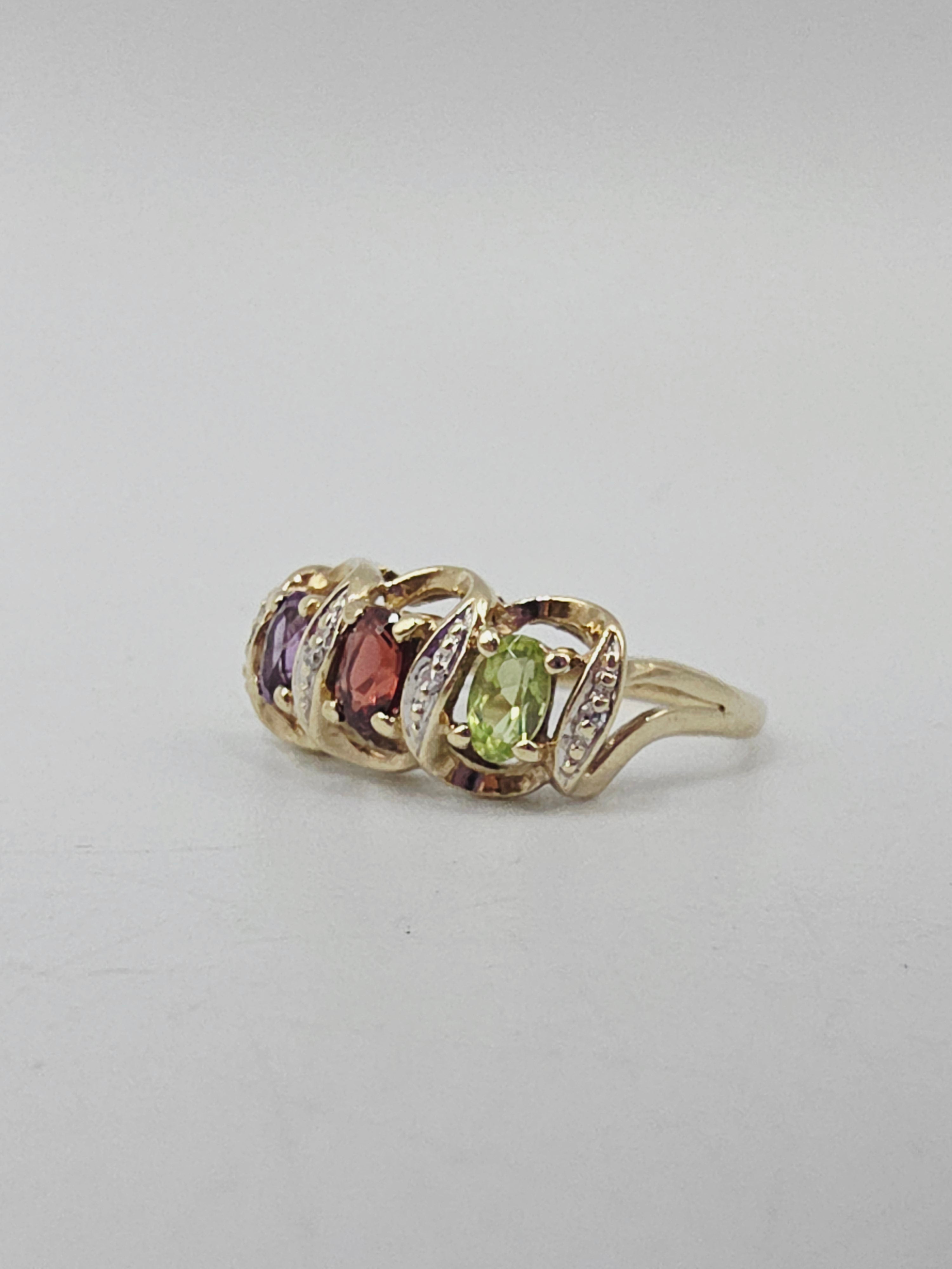 Solid 9K Gold Ring with Peridot, Garnet, Amethyst and Diamonds - Size 7.5
