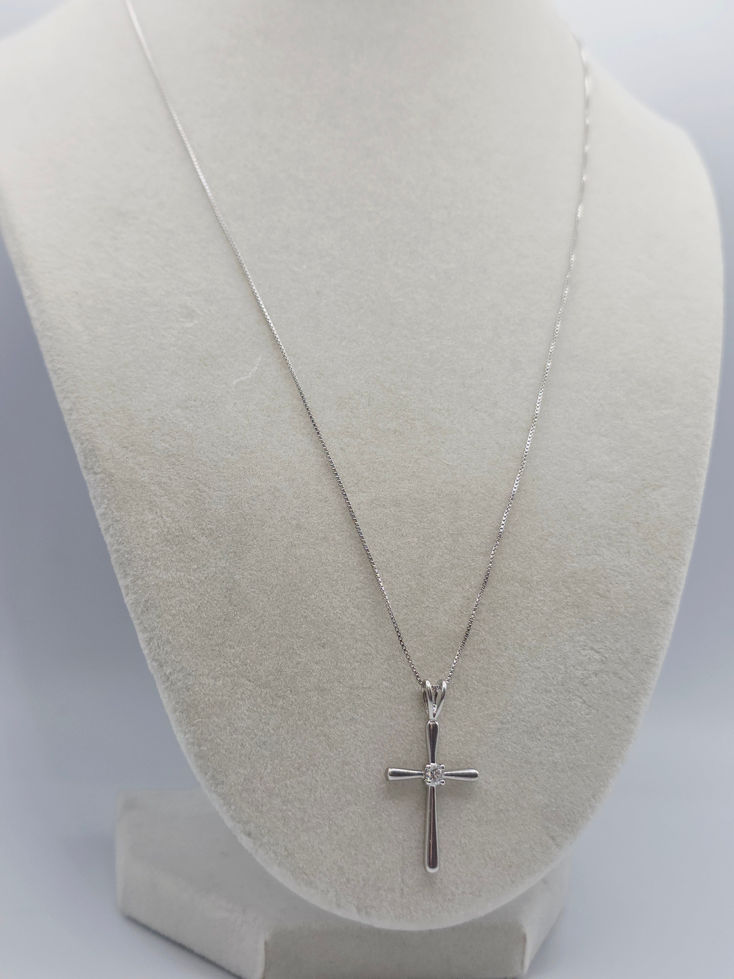 Sterling Silver Cross Pendant Boxchain Necklace with CZ Accent - 20 Inch