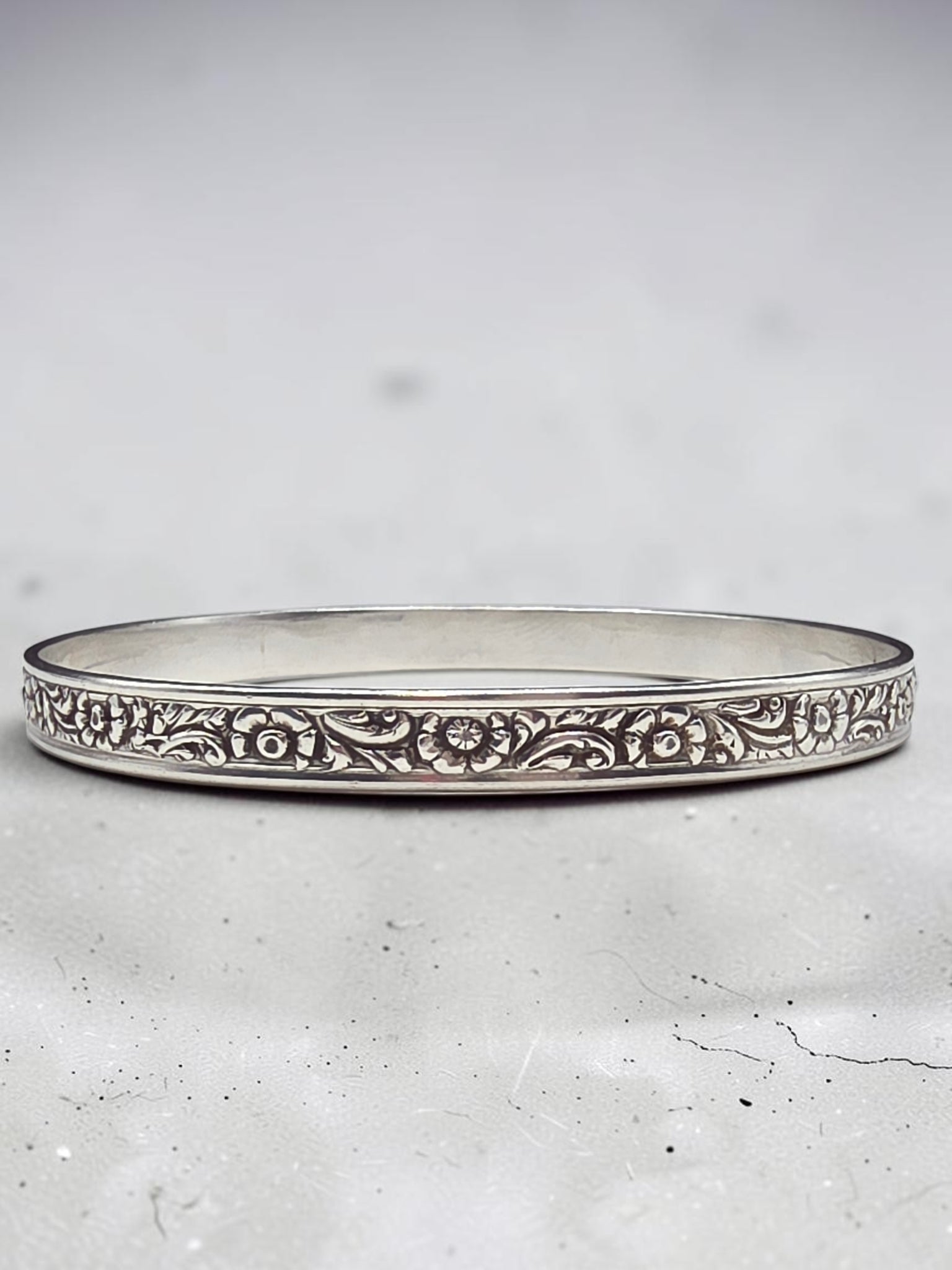 Sterling Silver Embossed Floral Repousse Bangle Bracelet 8.25 Inch