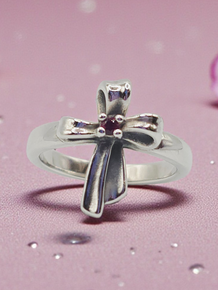RETIRED James Avery 925 Sterling Silver Ribbon Cross Ring with Ruby - Size 5