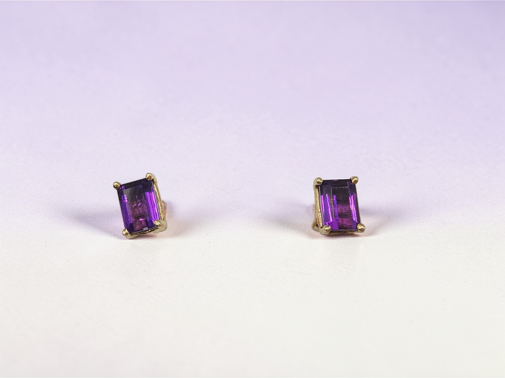 Solid 14K Yellow Gold Emerald Cut Amethyst Stud Earrings