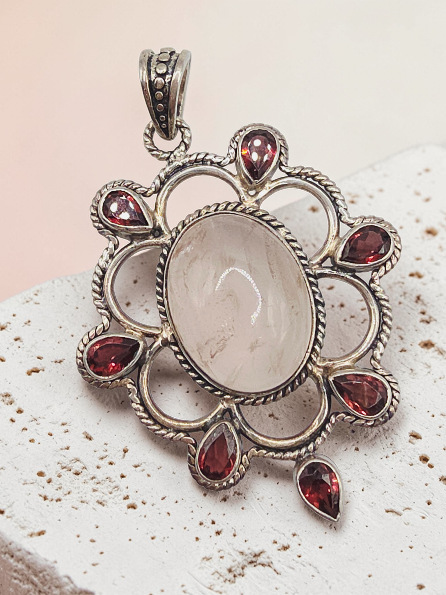 925 Sterling Silver Pendant with Rose Quartz and Rhodolite Garnet Halo