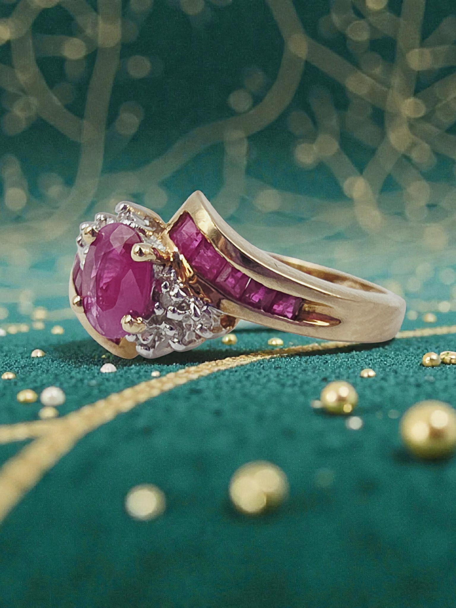 Solid 10K Yellow Gold Ring with Oval-Cut Ruby and Ruby & Diamond Accents - Size 7