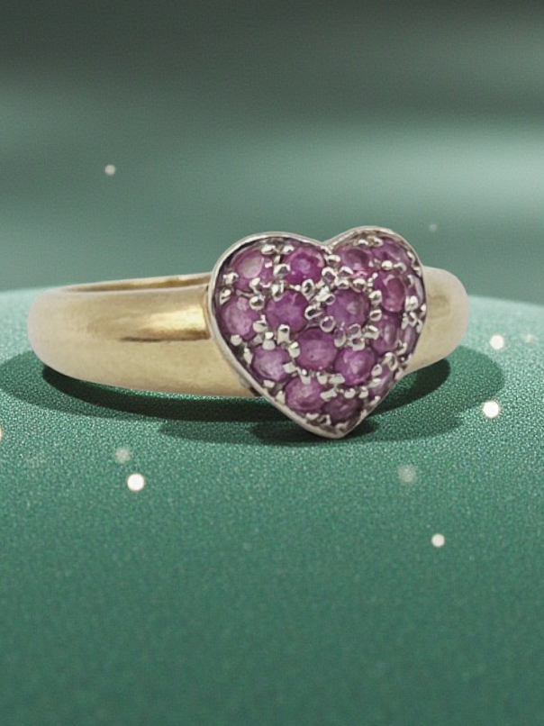 Solid 10K Yellow Gold Ring with Pink Sapphire Heart – Size 6.75