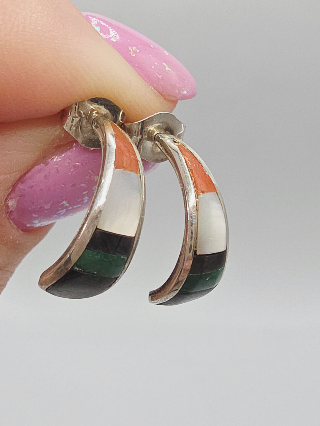 925 Sterling Silver Inlay Earrings Mother of Pearl Enamel Southwest Style