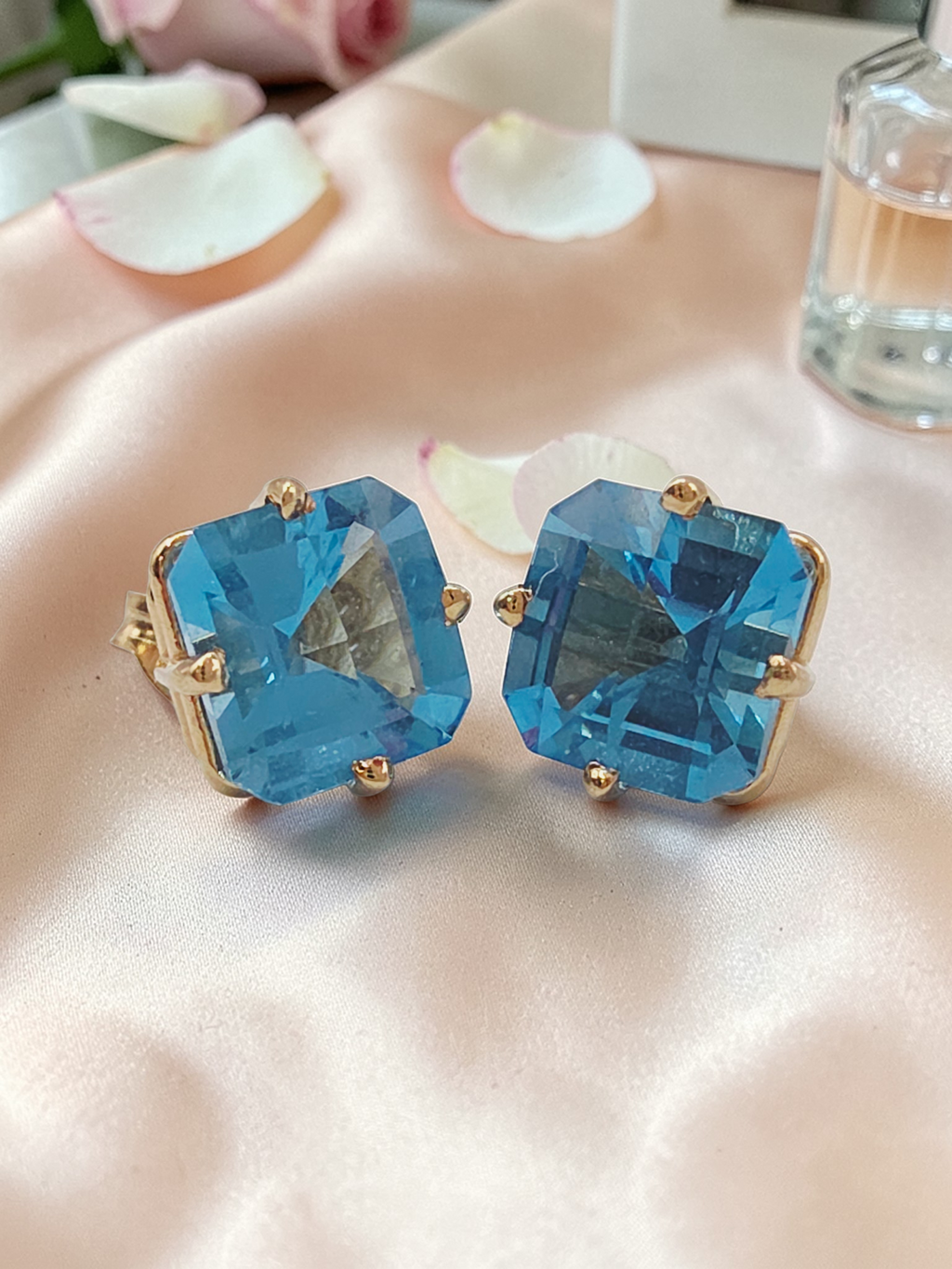 Solid 14K Yellow Gold Cushion Cut Blue Topaz Stud Earrings