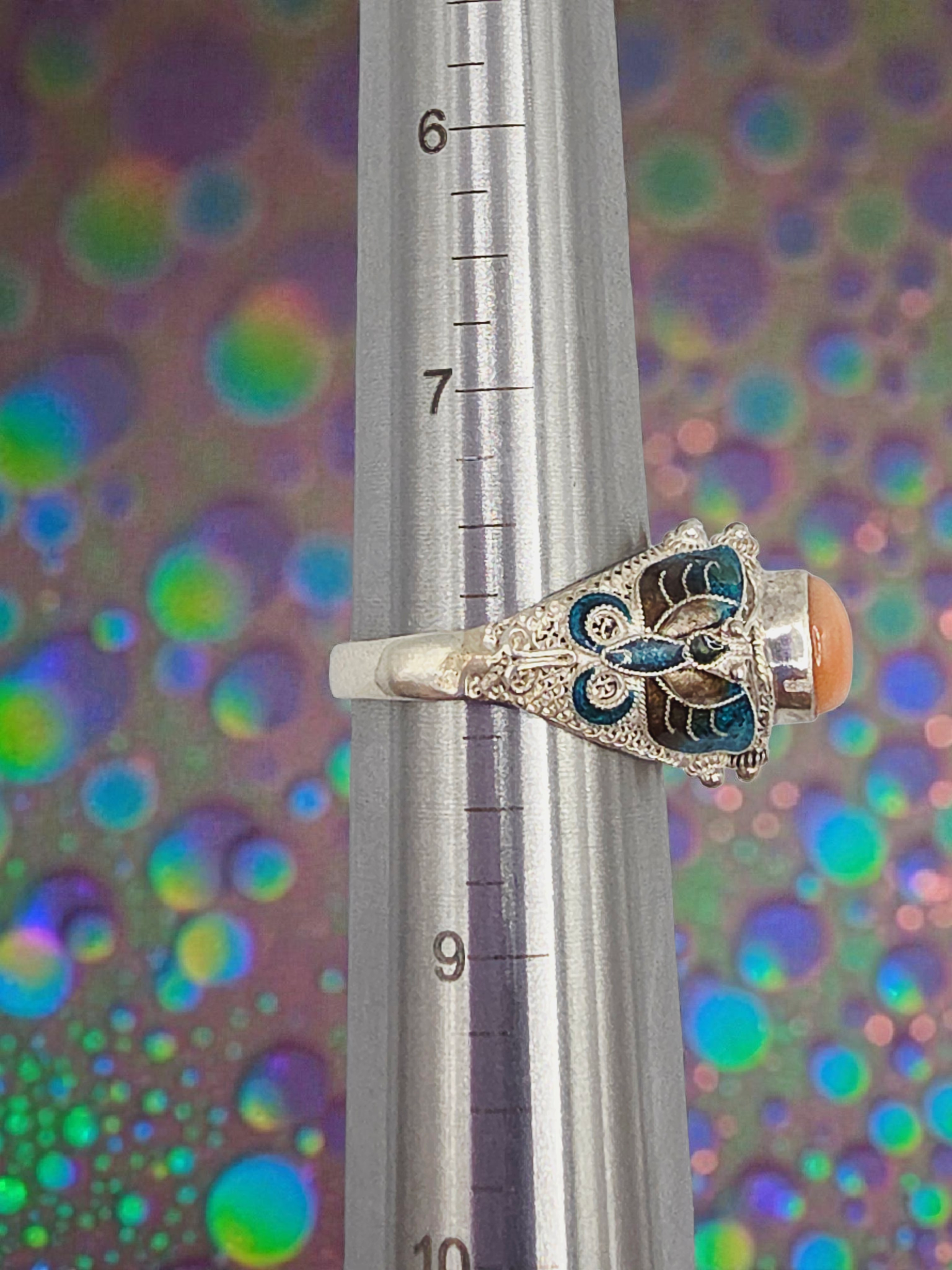 Sterling Silver Salmon Pink Coral Ring with Enamel Butterfly Accents - Size 8