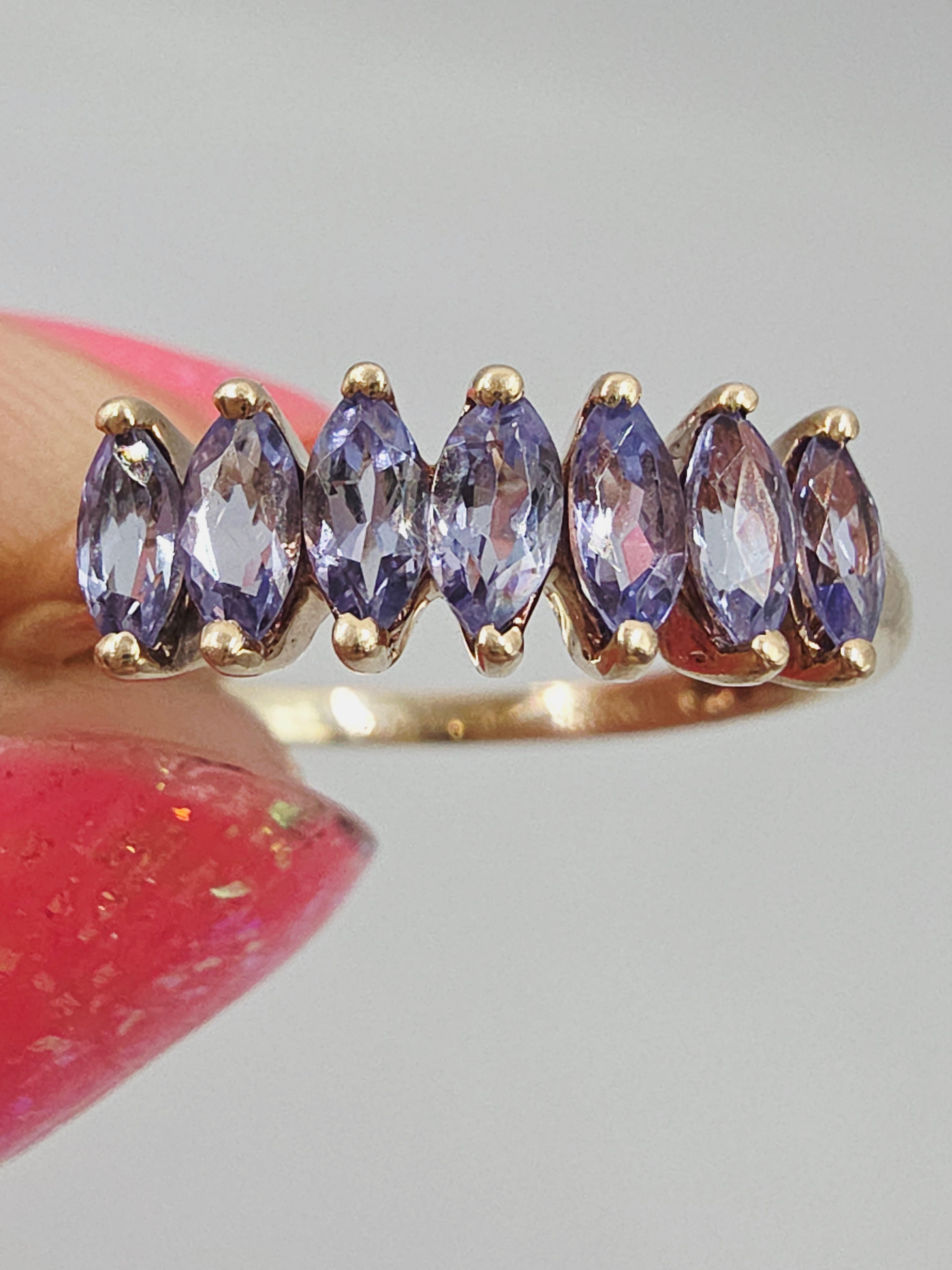 Solid 10K Yellow Gold Ring with Marquise Cut Tanzanite Cluster - Size 6