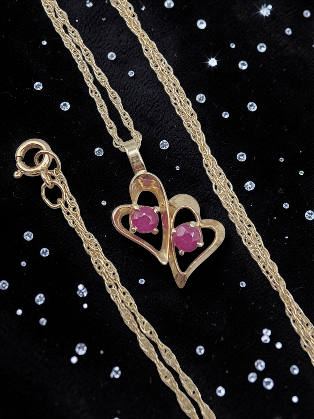 Solid 14K Yellow Gold Double Ruby Heart Pendant Necklace - 18 Inch
