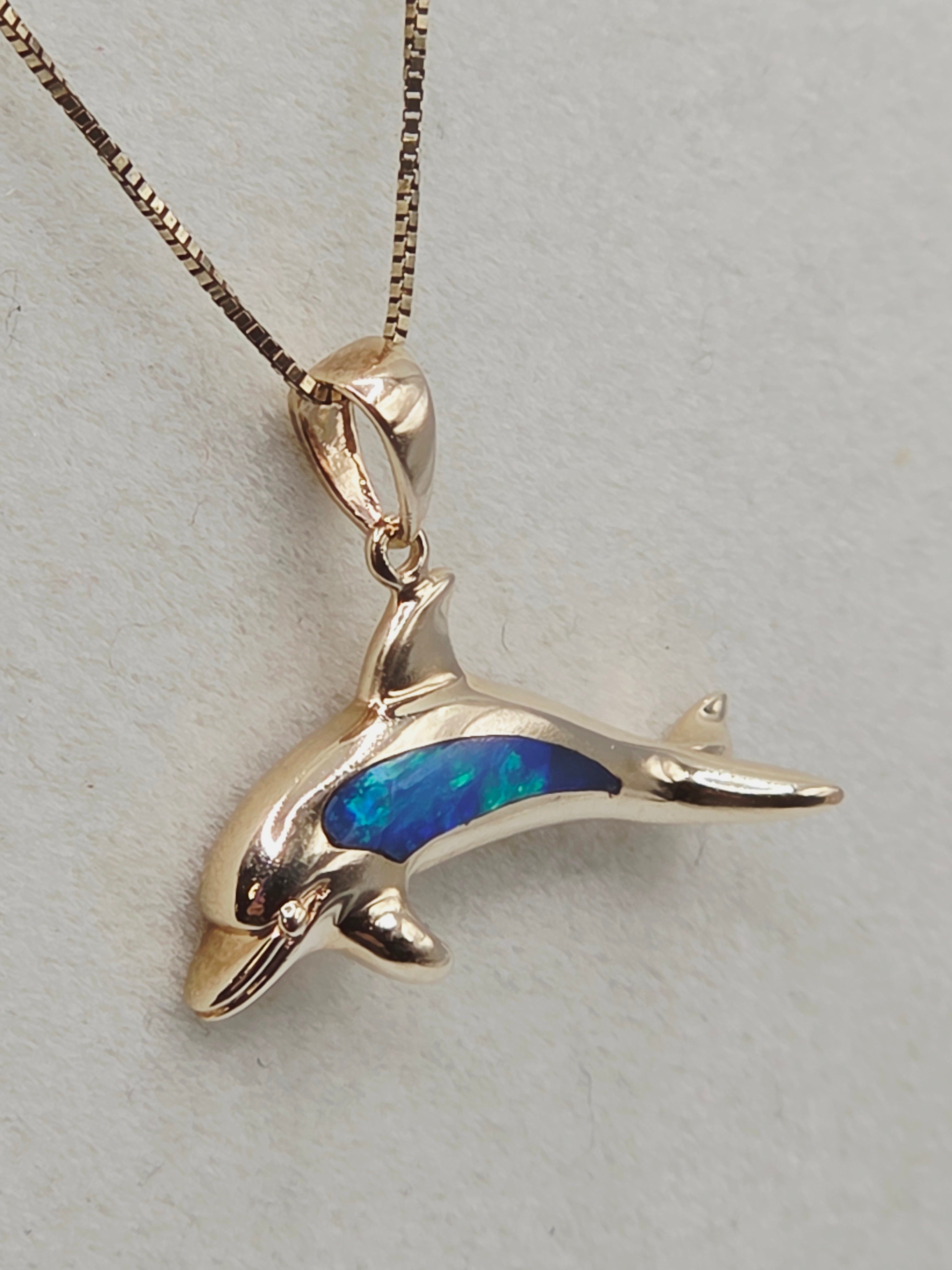 Solid 14K Yellow Gold Necklace with Opal Dolphin Pendant 17 Inches