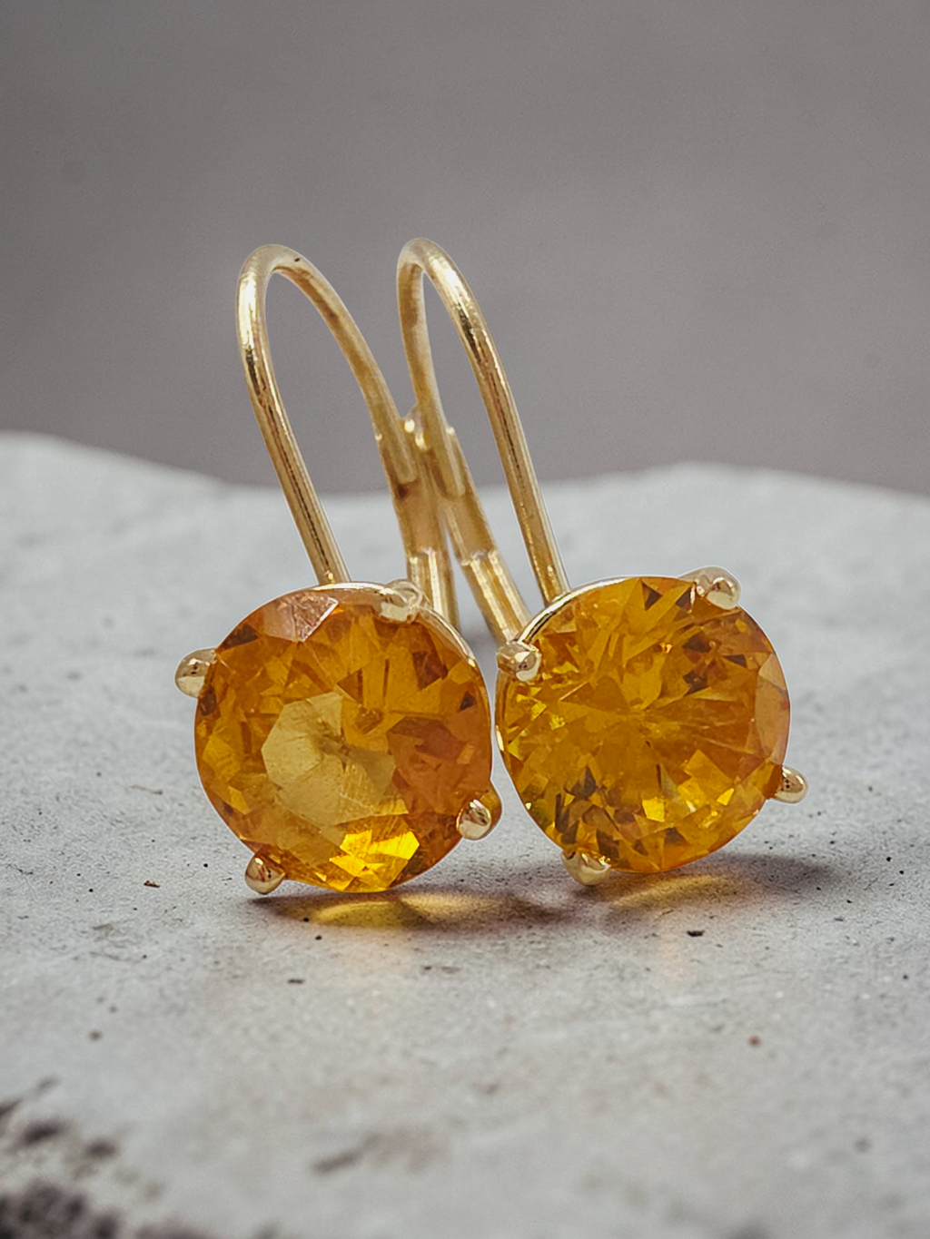 Solid 14K Yellow Gold Round Cut Citrine Leverback Drop Earrings