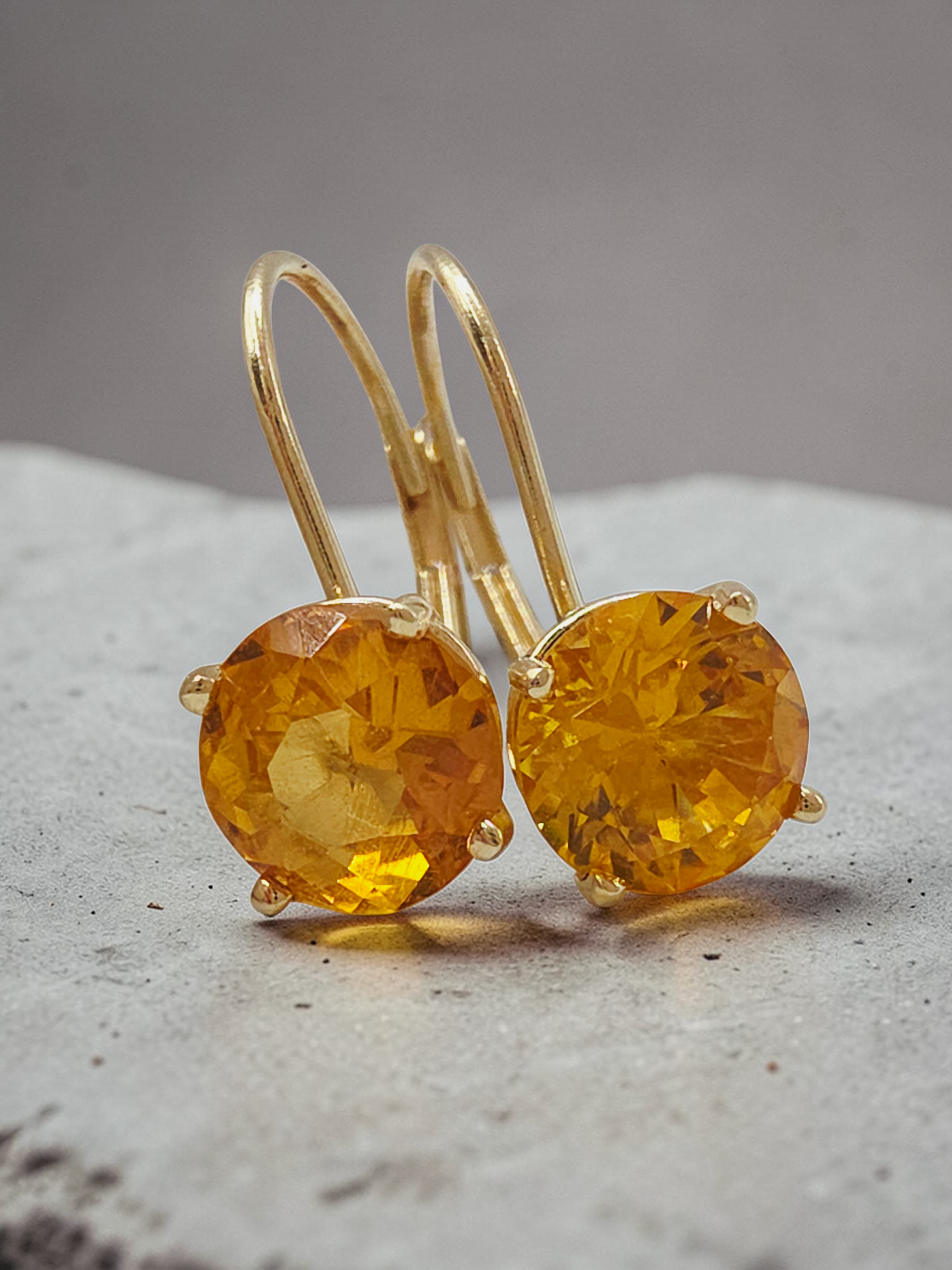 Solid 14K Yellow Gold Round Cut Citrine Leverback Drop Earrings