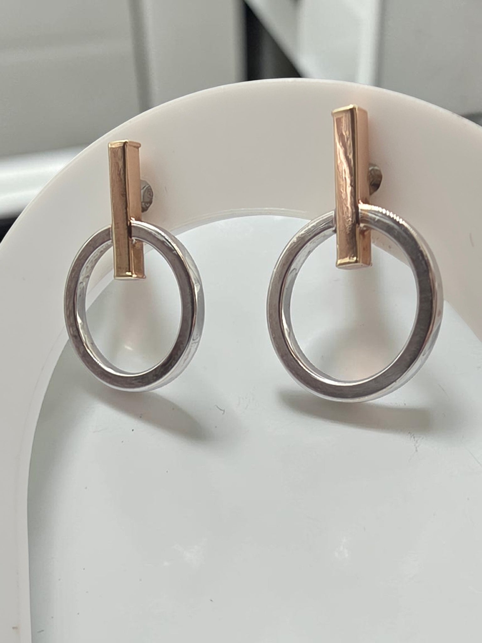 LLJ Lindsey Leigh 14K White Rose Gold Bar Circle Geometric Stud Earrings Italy