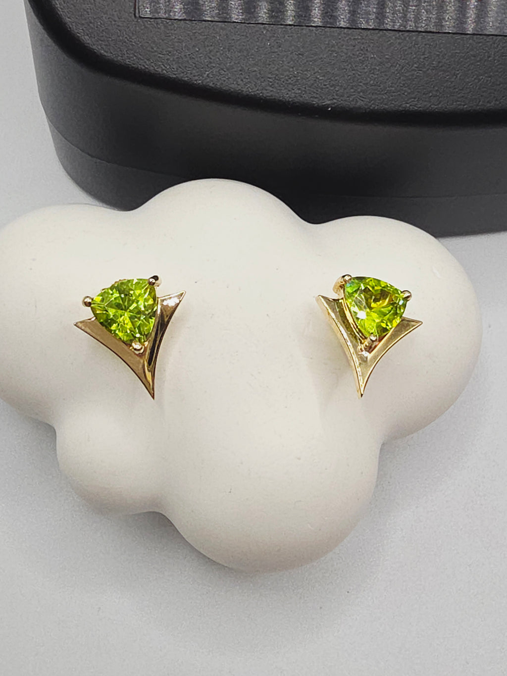 Solid 14K Yellow Gold Trillion Cut Peridot Stud Earrings