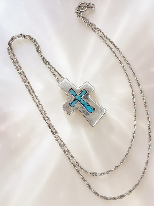 925 Sterling Silver Cross with Blue Inlay Pendant Necklace – 19 Inch