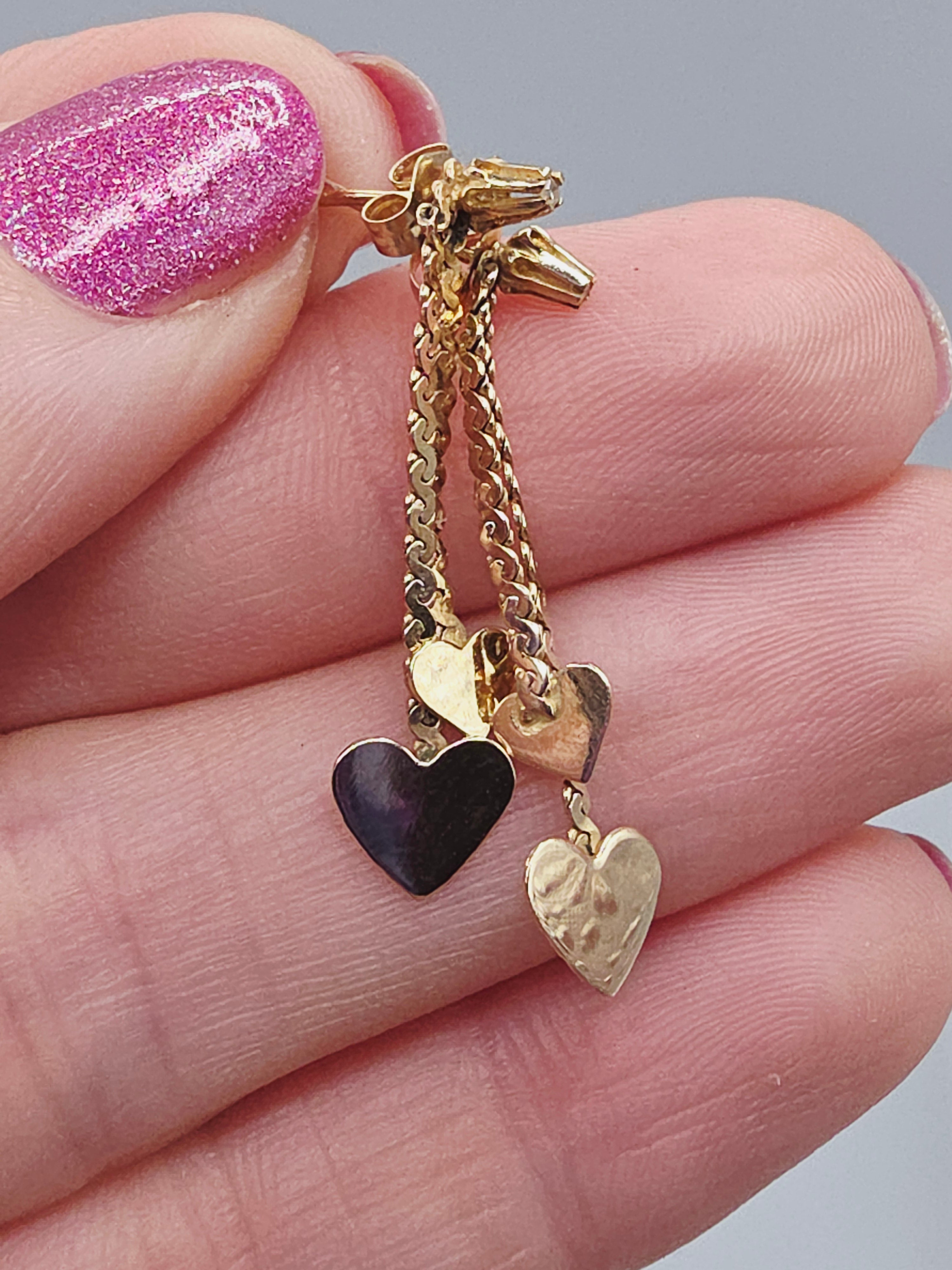 Vintage NABCO Solid 14K Gold Dangle Heart Earrings with White Topaz Accents