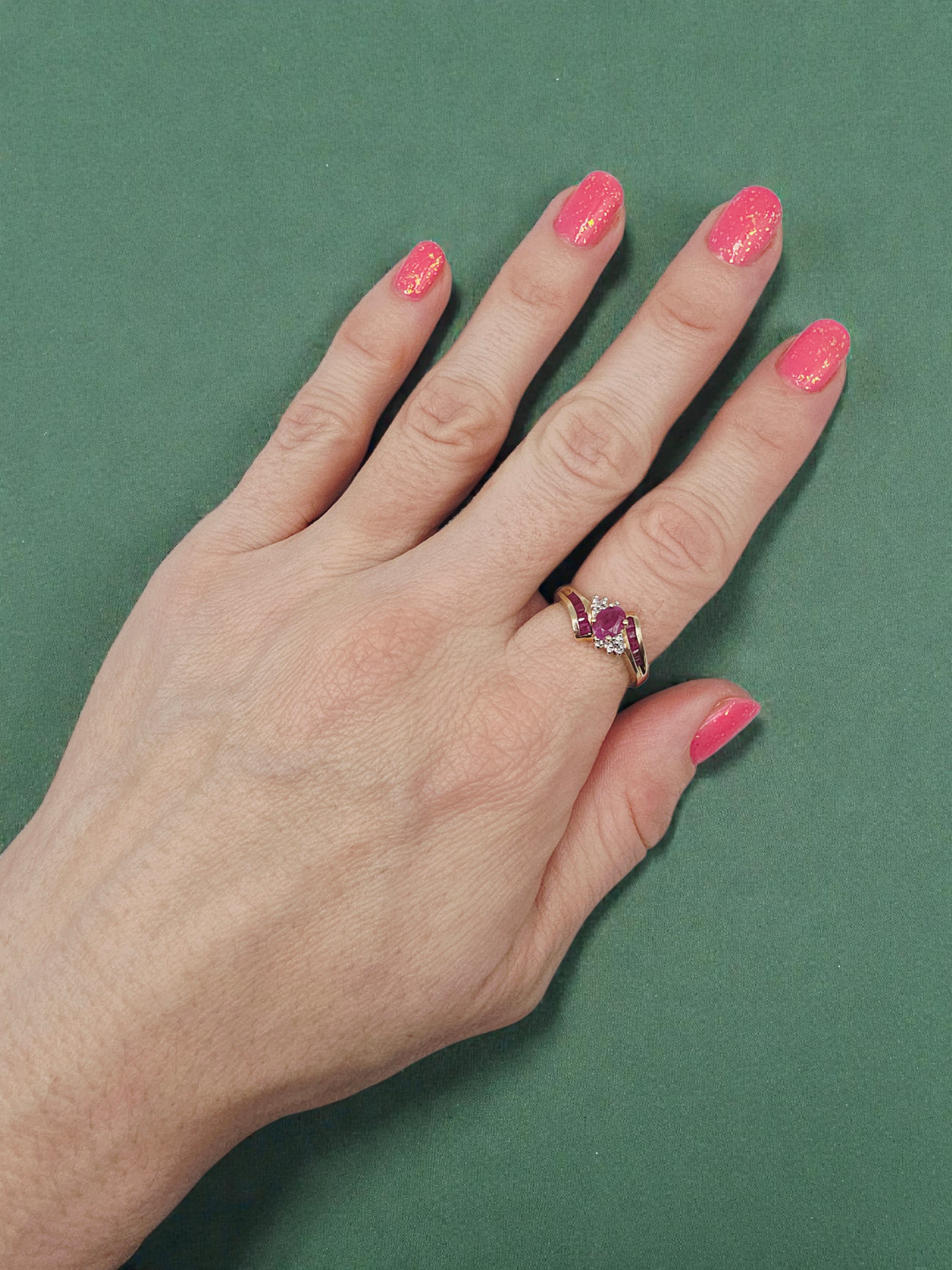 Solid 10K Yellow Gold Ring with Oval-Cut Ruby and Ruby & Diamond Accents - Size 7